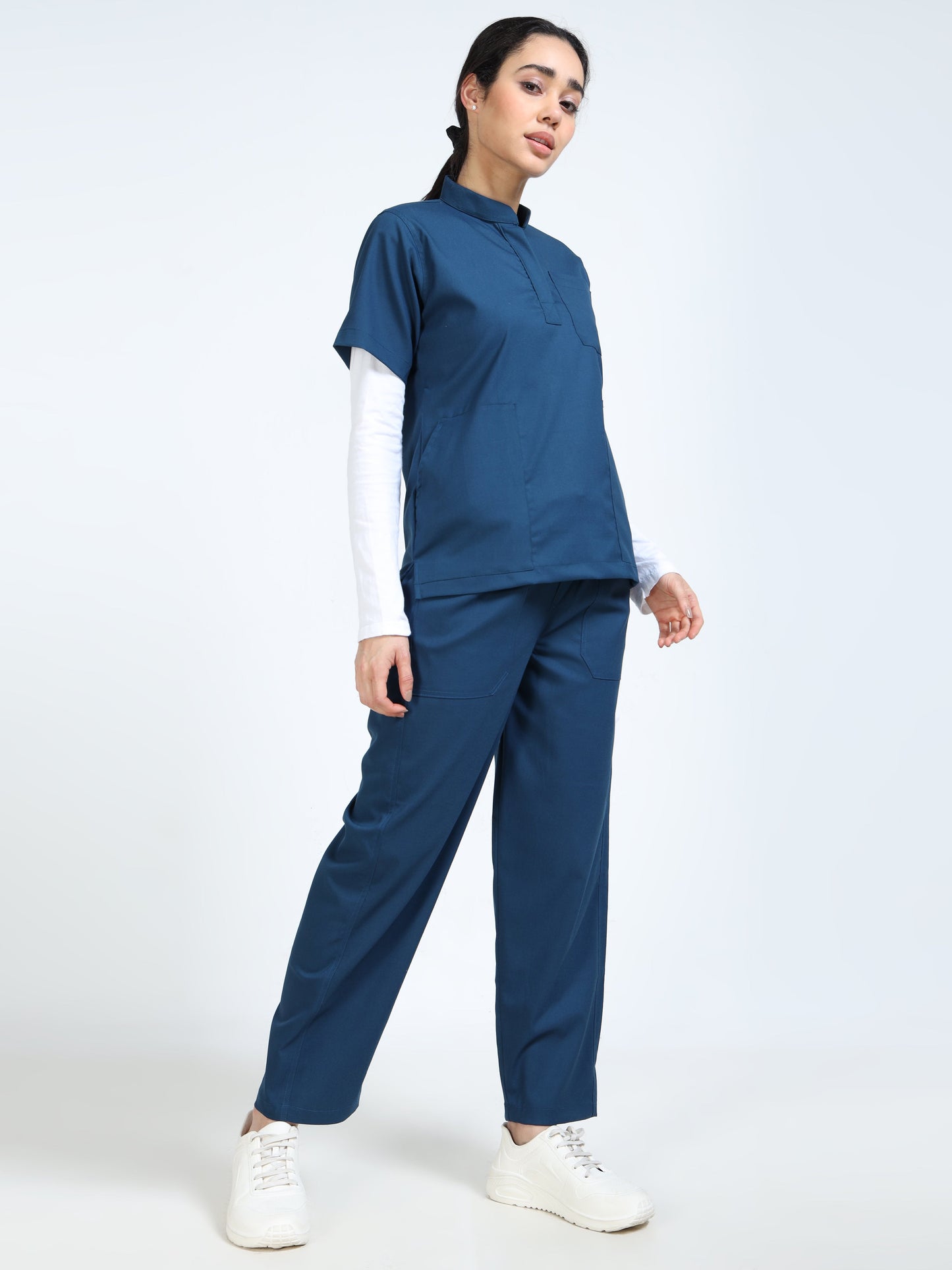 Women’s Galaxy Blue Medical Scrub Set – Mandarin Collar (Chinese Collar) Top & Straight Pants | Twill Fabric, Antibacterial & Wrinkle-Resistant – Eco Flex