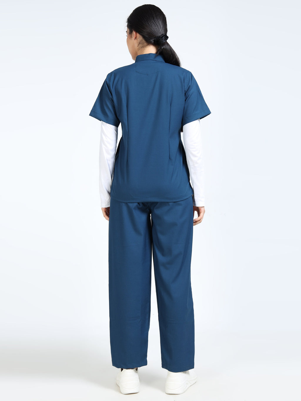 Women’s Galaxy Blue Medical Scrub Set – Mandarin Collar (Chinese Collar) Top & Straight Pants | Twill Fabric, Antibacterial & Wrinkle-Resistant – Eco Flex