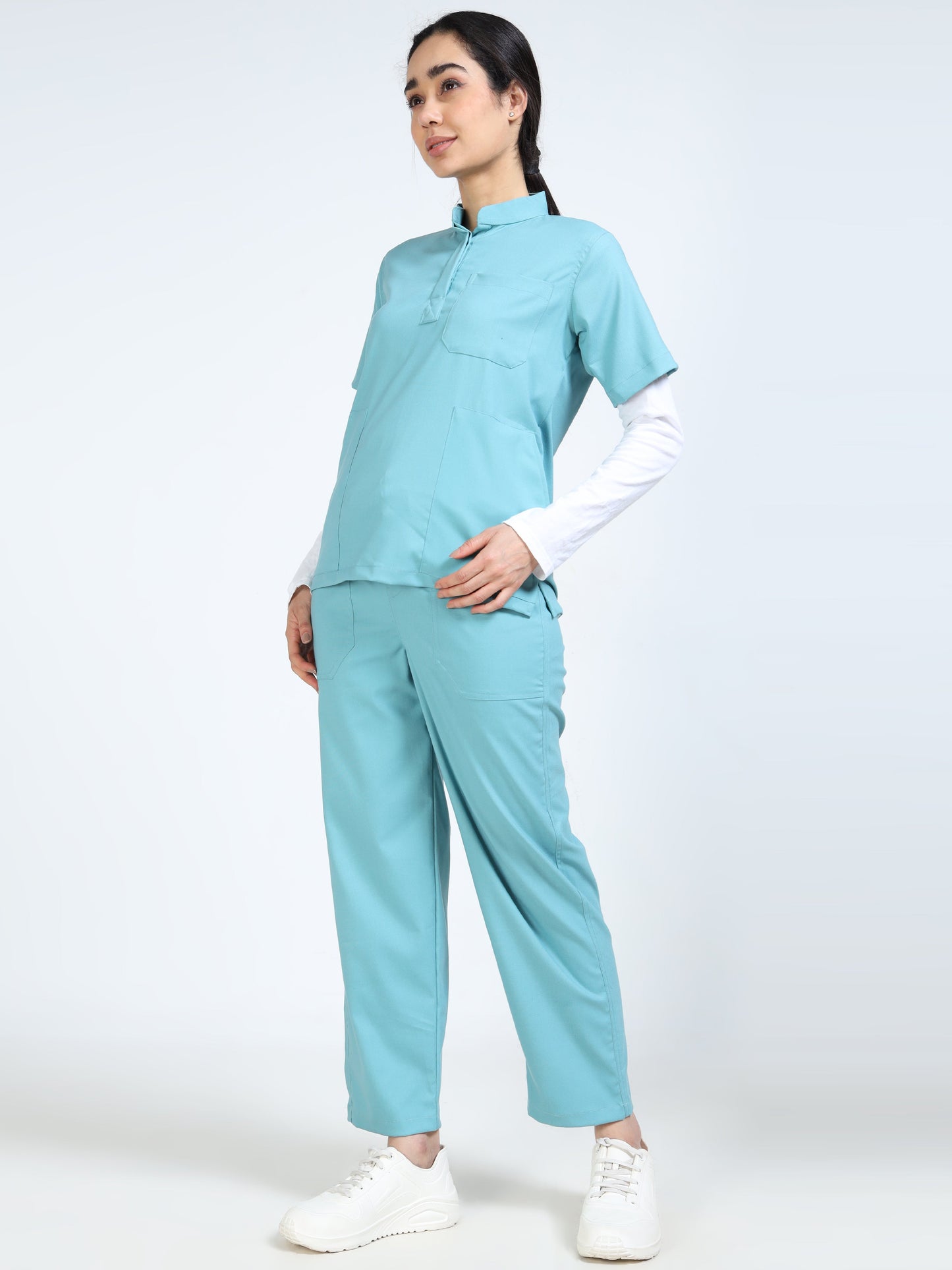 Women’s Eucalyptus Medical Scrub Set – Mandarin Collar (Chinese Collar) Top & Straight Pants | Twill Fabric, Antibacterial & Wrinkle-Resistant – Eco Flex
