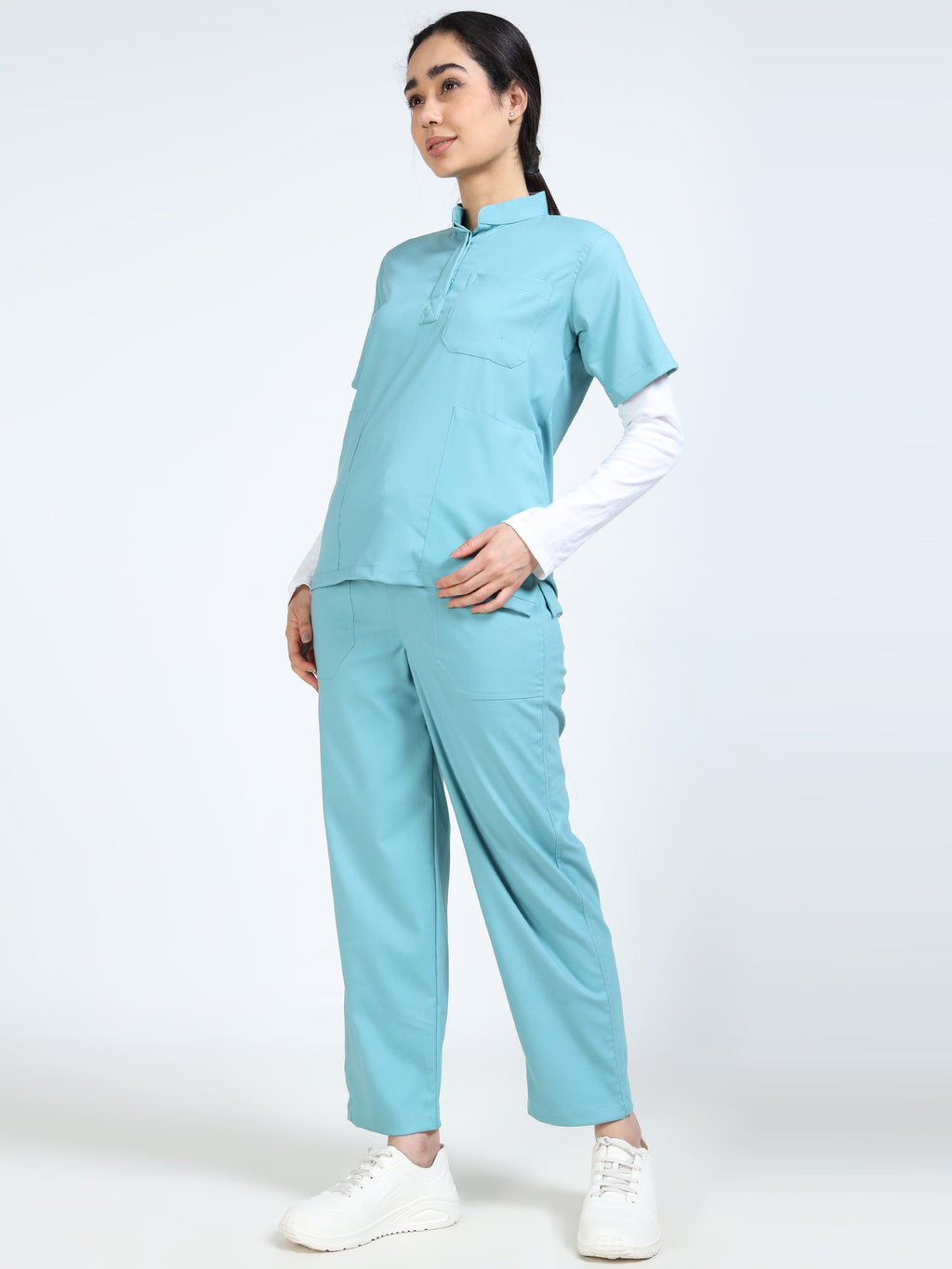 Women’s Eucalyptus Medical Scrub Set – Mandarin Collar (Chinese Collar) Top & Straight Pants | Twill Fabric, Antibacterial & Wrinkle-Resistant – Eco Flex