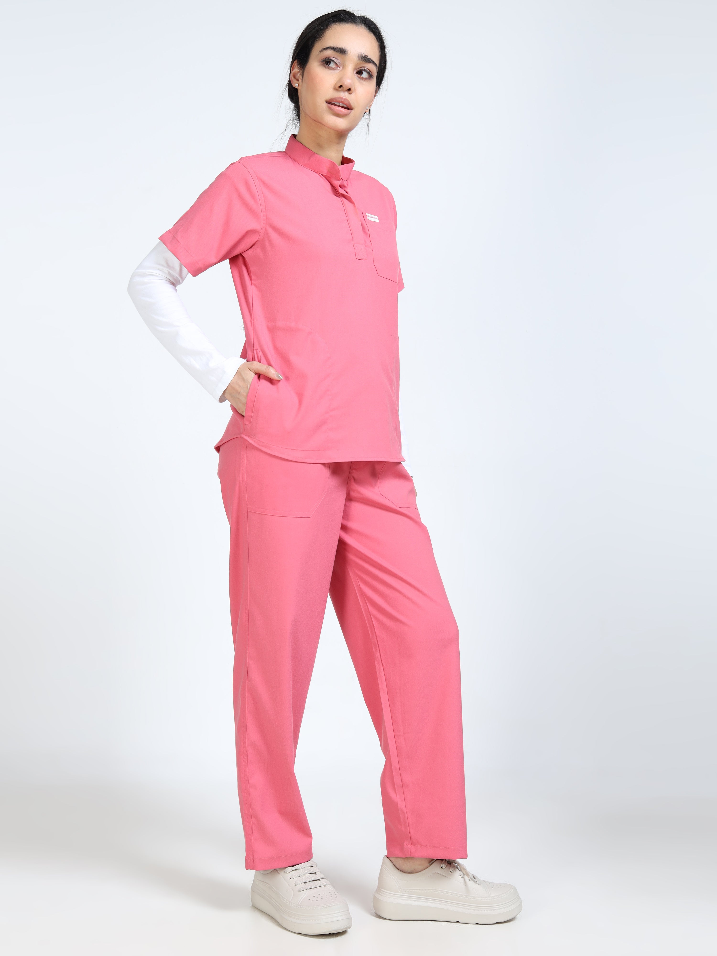 Women’s Mauve Medical Scrub Set – Mandarin Collar (Chinese Collar) Top & Straight Pants | Twill Fabric, Soft Touch & Antibacterial – Eco Flex
