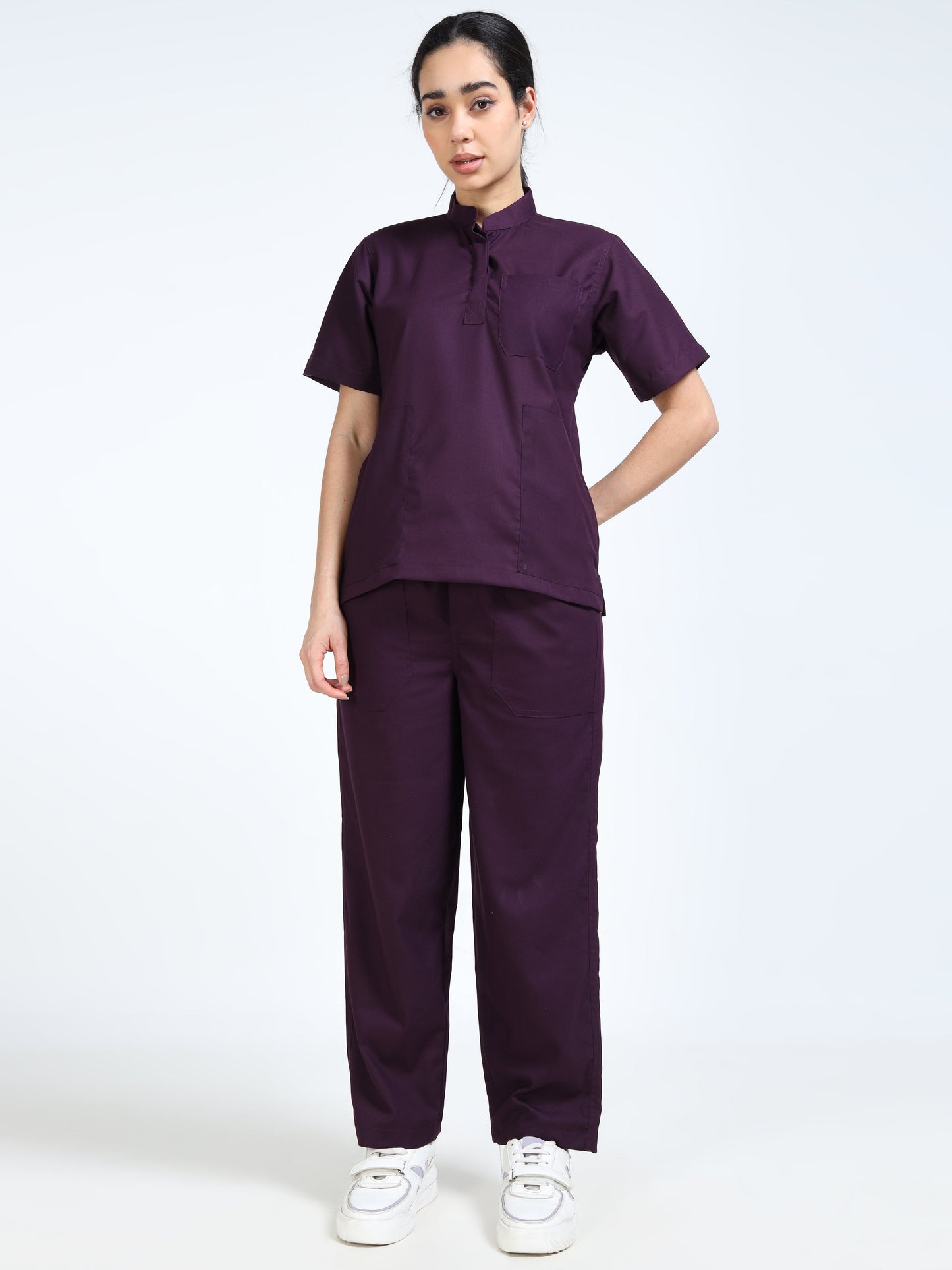 Women’s Wine Medical Scrub Set – Mandarin Collar (Chinese Collar) Top & Straight Pants | 2-Way Stretch, Antibacterial & Rich Color Fabric – Apollo