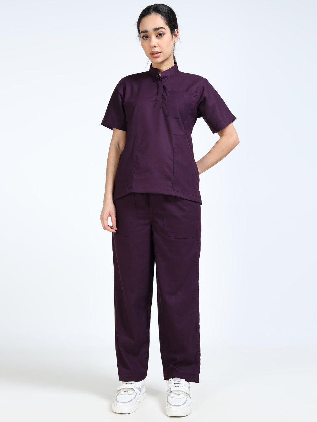 Women’s Wine Medical Scrub Set – Mandarin Collar (Chinese Collar) Top & Straight Pants | 2-Way Stretch, Antibacterial & Rich Color Fabric – Apollo