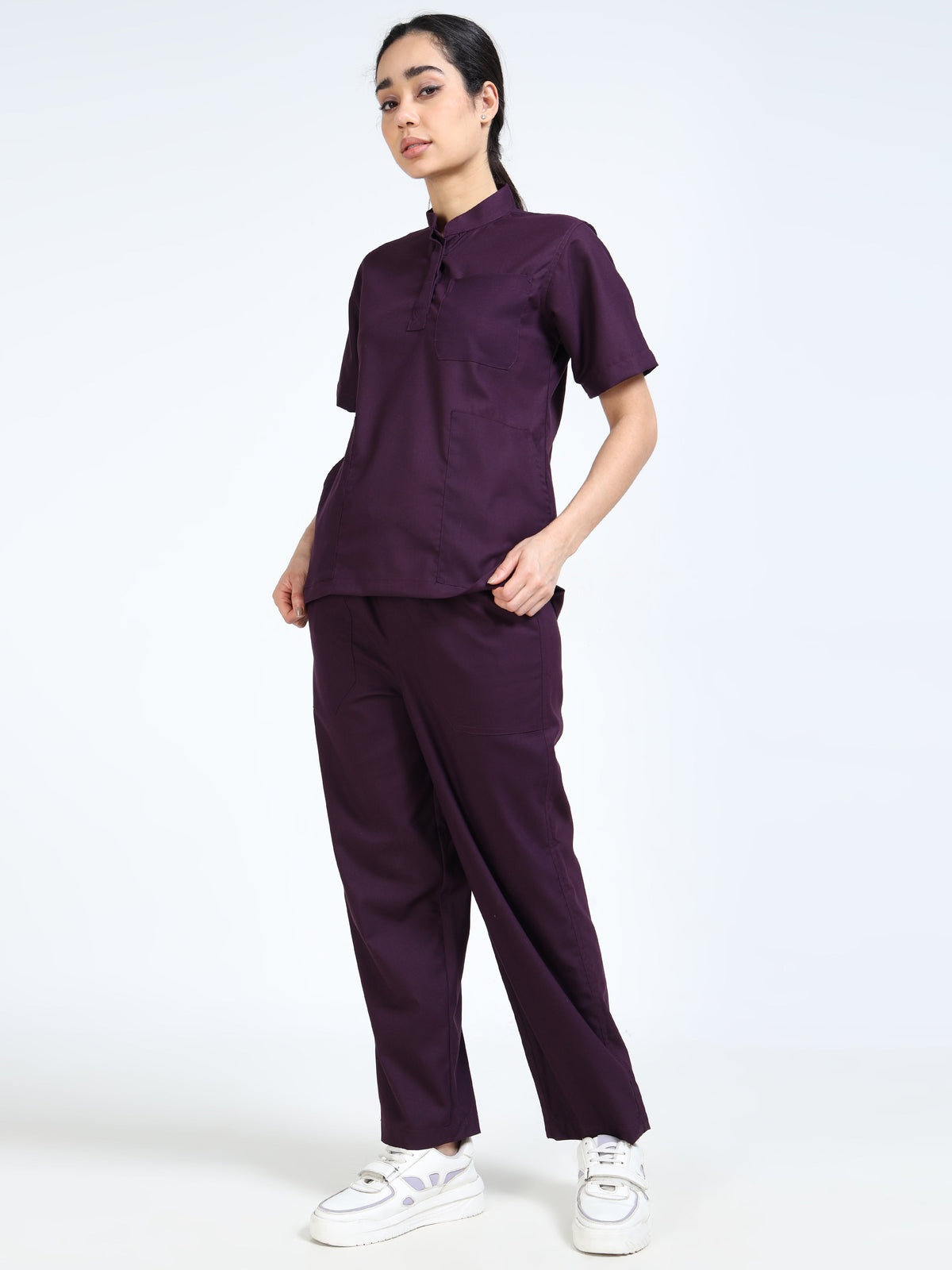 Women’s Wine Medical Scrub Set – Mandarin Collar (Chinese Collar) Top & Straight Pants | Twill Fabric, Antibacterial & Rich Color – Eco Flex