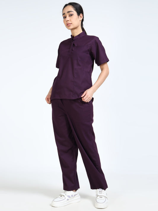 Women’s Wine Medical Scrub Set – Mandarin Collar (Chinese Collar) Top & Straight Pants | Twill Fabric, Antibacterial & Rich Color – Eco Flex