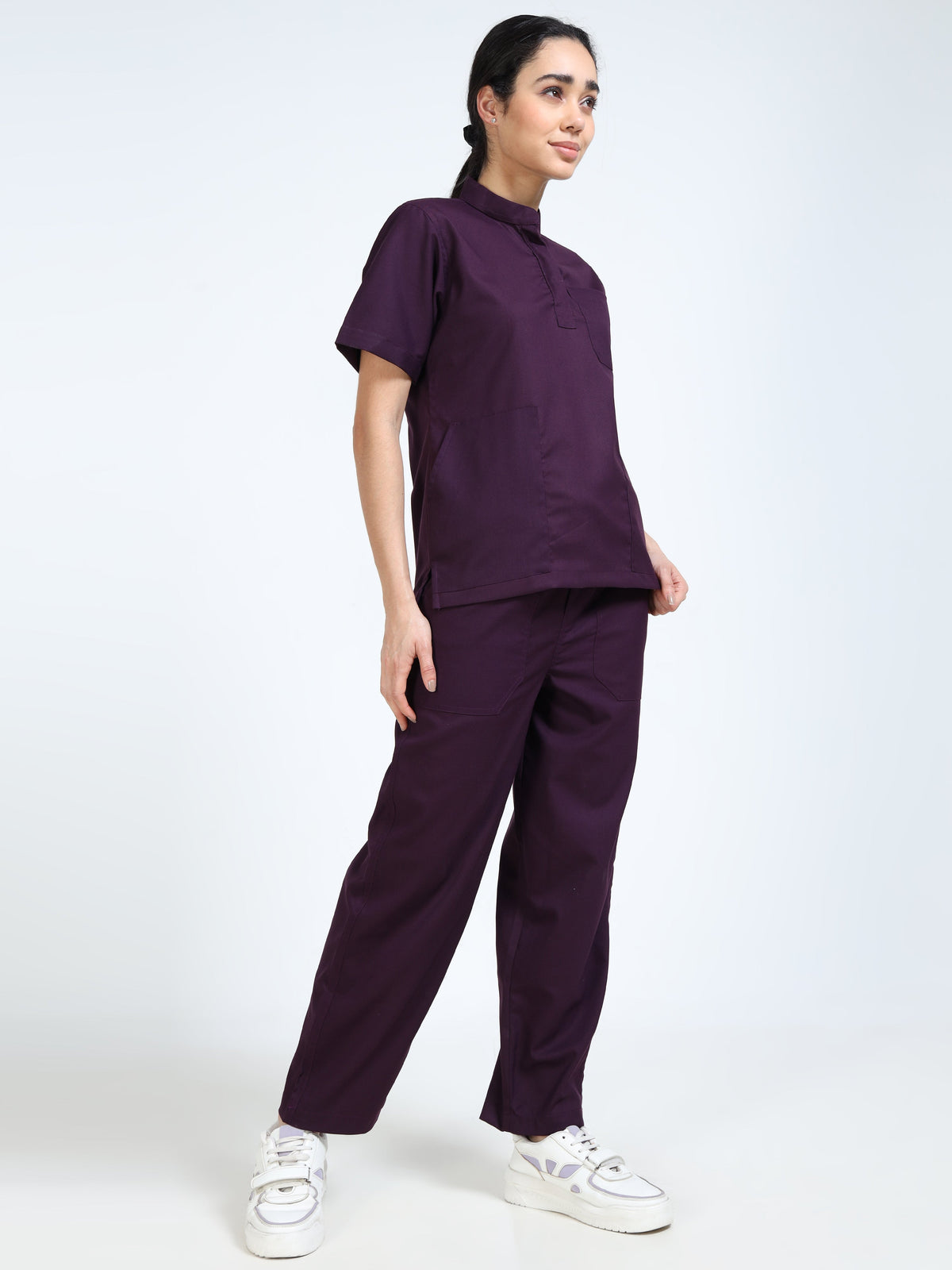 Women’s Wine Medical Scrub Set – Mandarin Collar (Chinese Collar) Top & Straight Pants | Twill Fabric, Antibacterial & Rich Color – Eco Flex