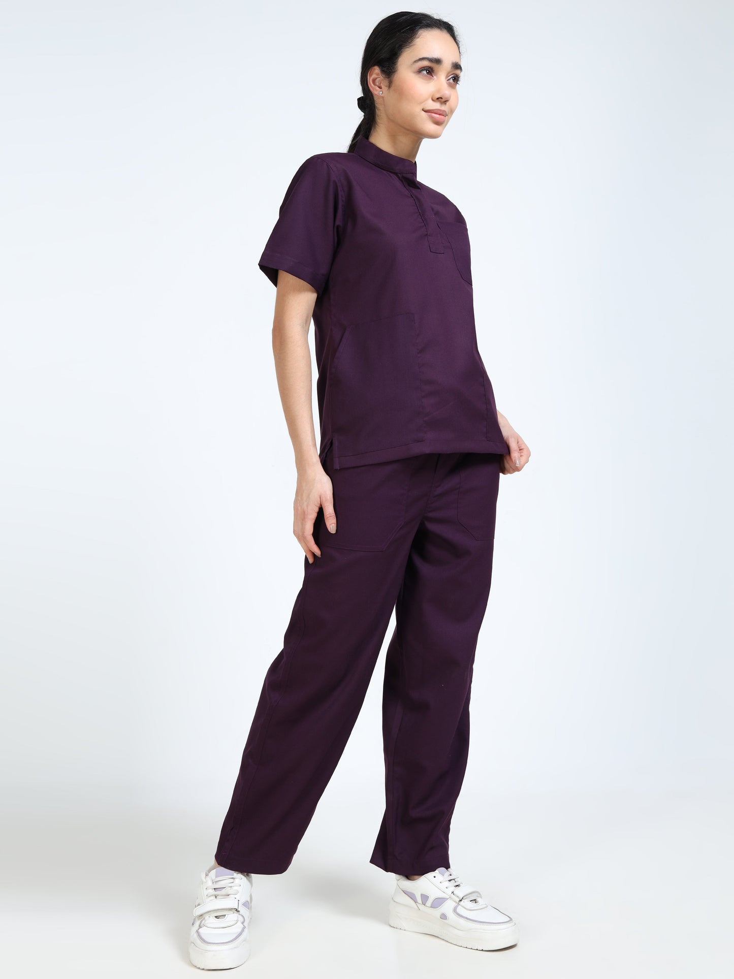 Women’s Wine Medical Scrub Set – Mandarin Collar (Chinese Collar) Top & Straight Pants | Twill Fabric, Antibacterial & Rich Color – Eco Flex