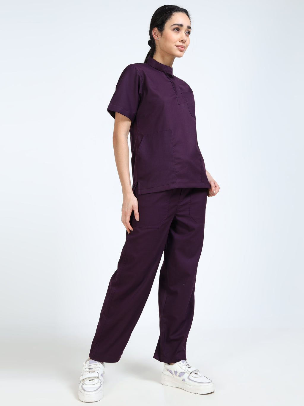 Women’s Wine Medical Scrub Set – Mandarin Collar (Chinese Collar) Top & Straight Pants | 2-Way Stretch, Antibacterial & Rich Color Fabric – Apollo
