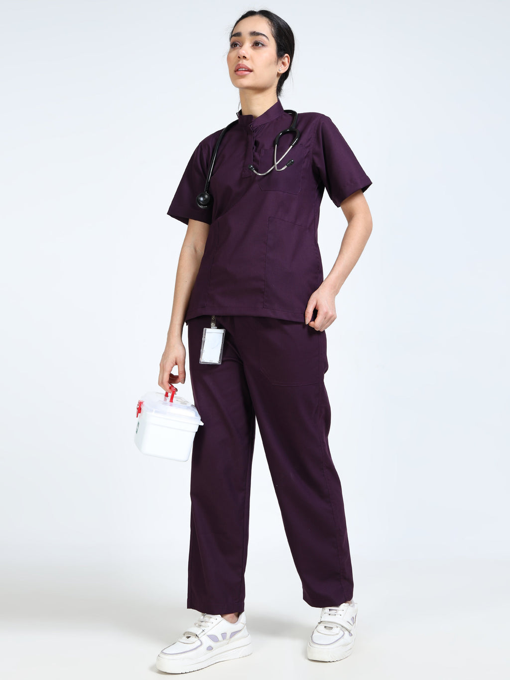 Women’s Wine Medical Scrub Set – Mandarin Collar (Chinese Collar) Top & Straight Pants | 2-Way Stretch, Antibacterial & Rich Color Fabric – Apollo