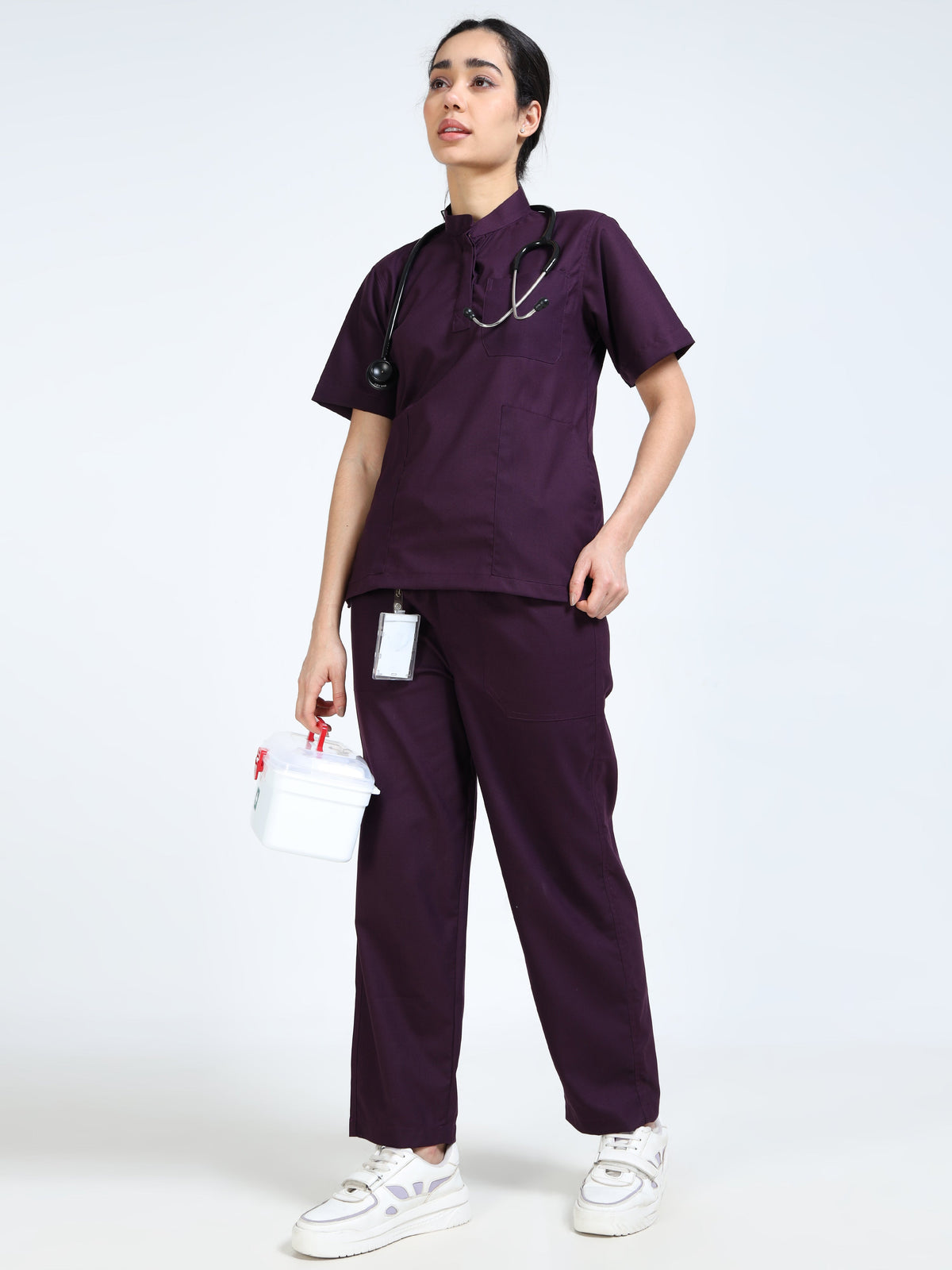 Women’s Wine Medical Scrub Set – Mandarin Collar (Chinese Collar) Top & Straight Pants | 2-Way Stretch, Antibacterial & Rich Color Fabric – Apollo