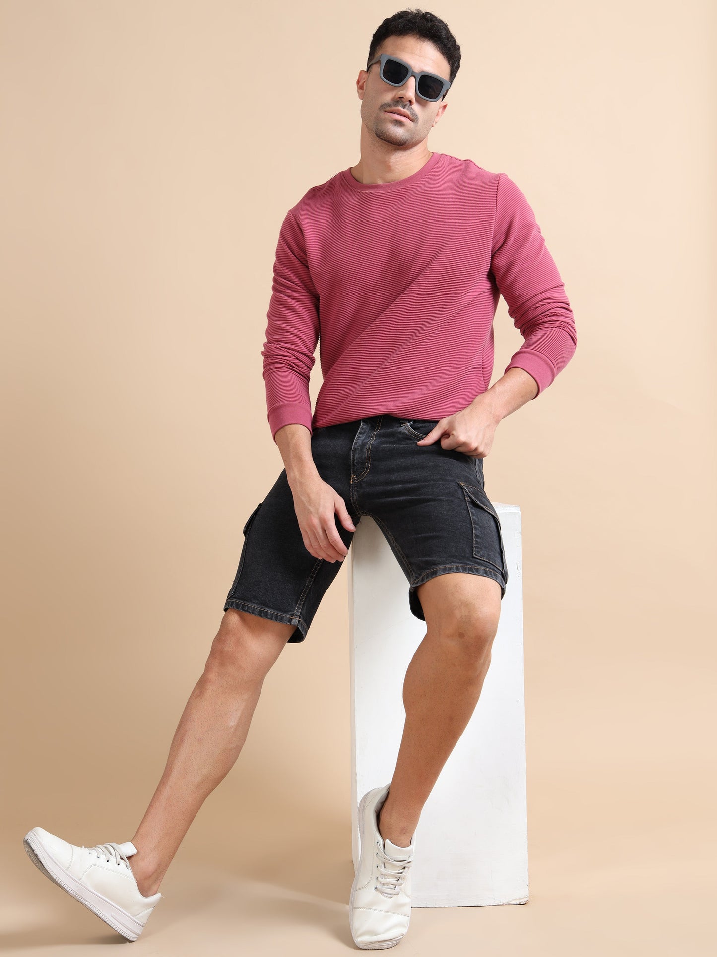 Men's Black Cargo Denim Shorts – Knitted Dobby Lycra | Utility Edition
