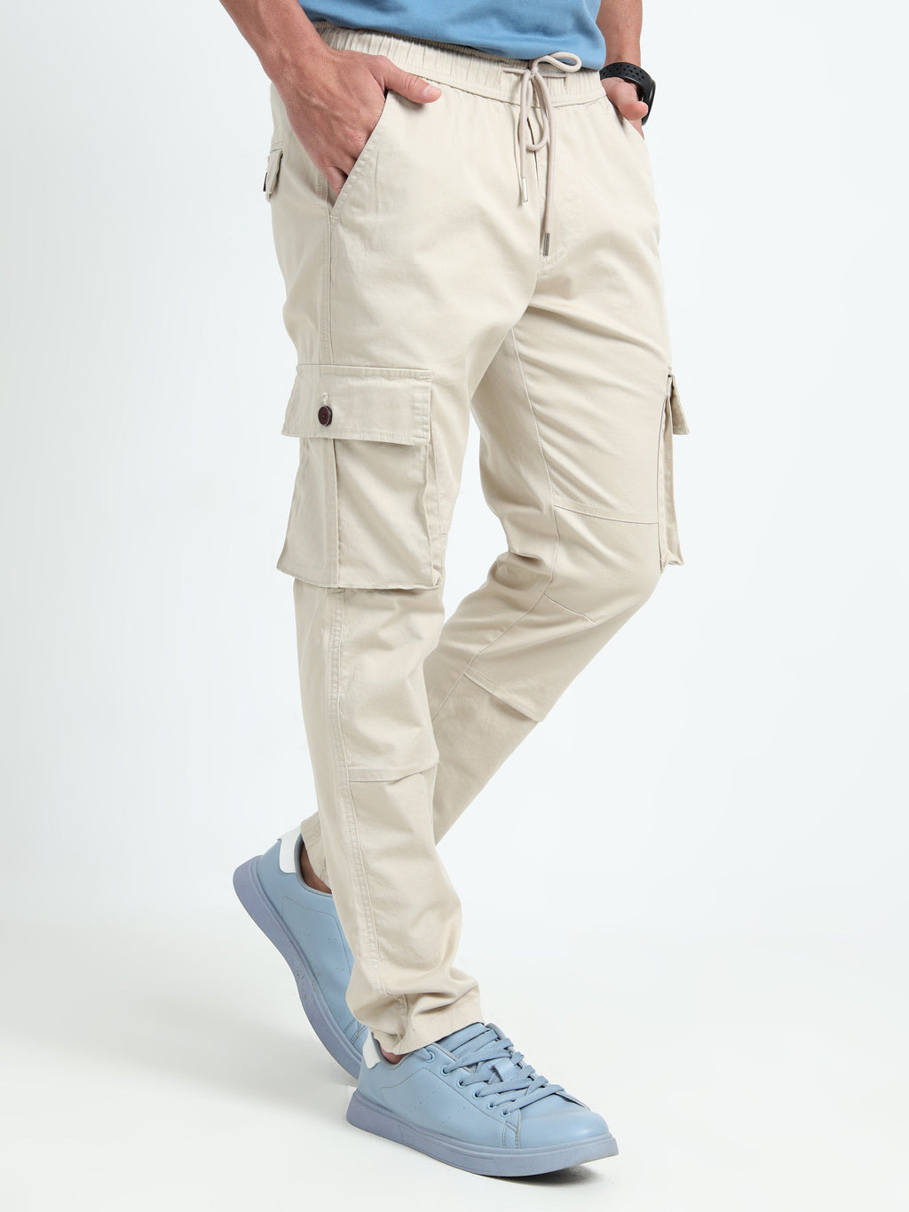 Men Relaxed Fit Cargoes-Cream