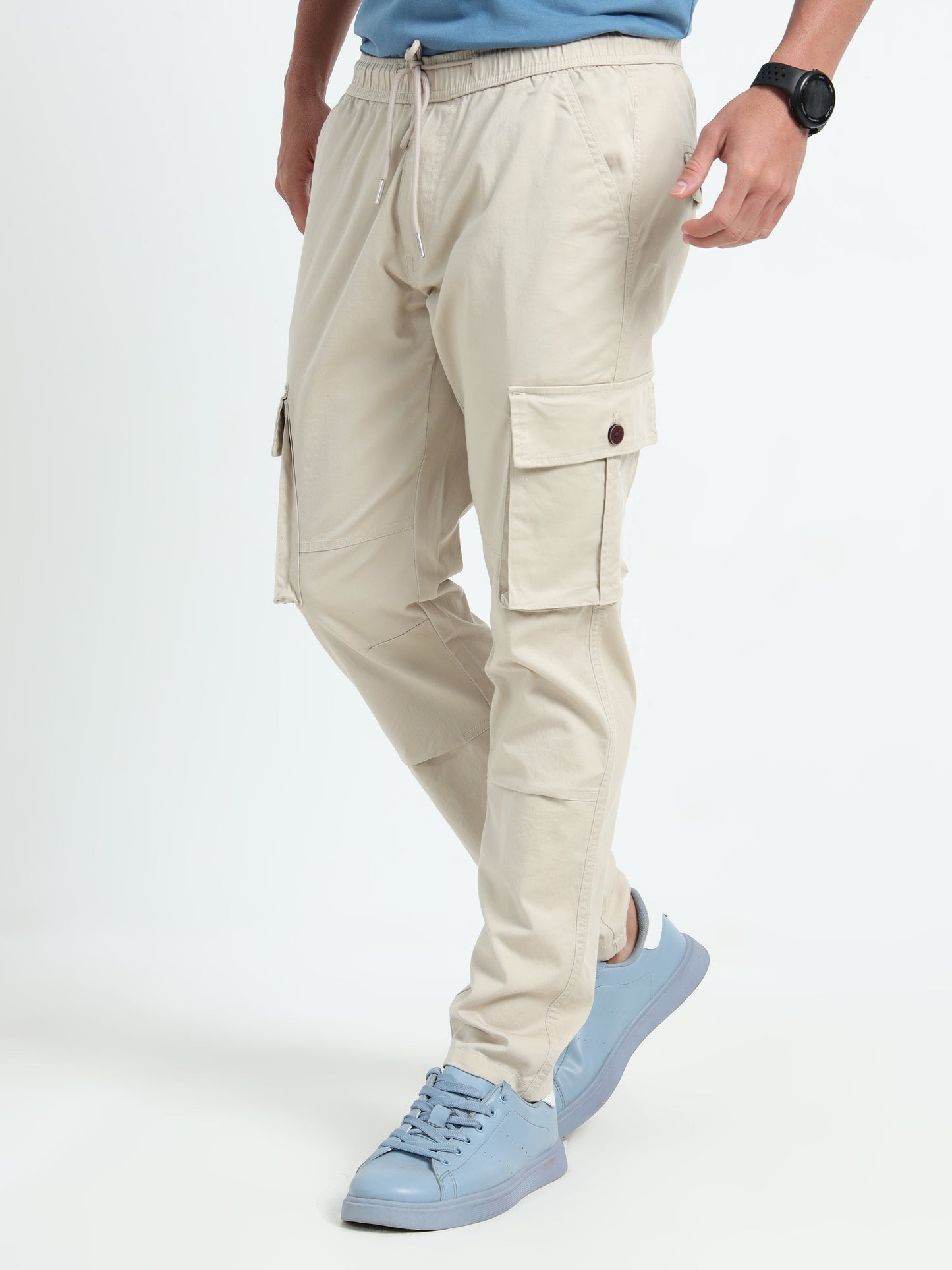 Men Relaxed Fit Cargoes-Cream