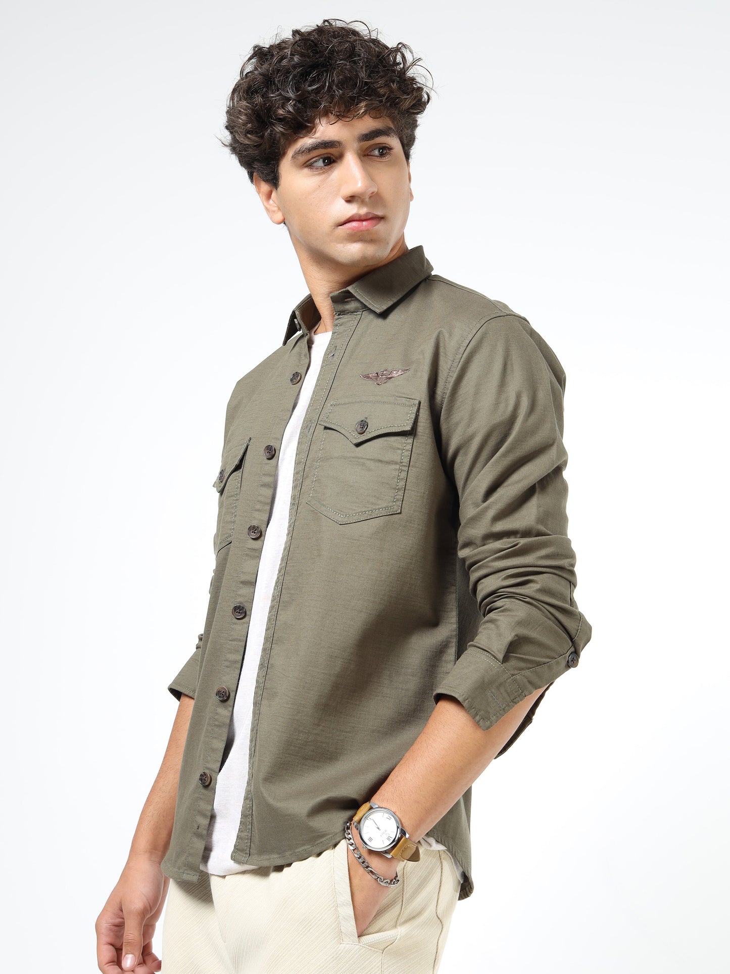 Men’s Olive Green Cotton Utility Casual Shirt with Dual Flap Pockets