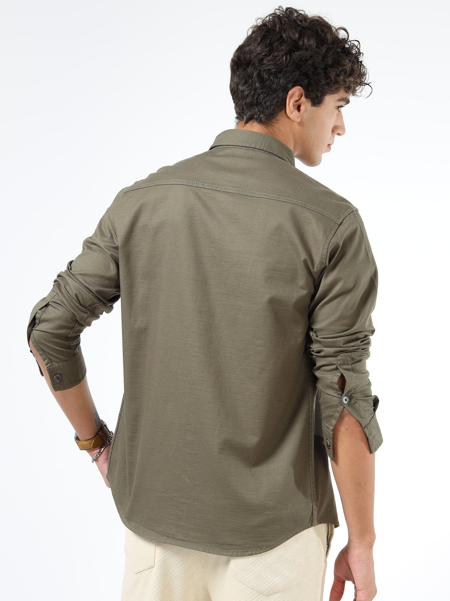 Men’s Olive Green Cotton Utility Casual Shirt with Dual Flap Pockets