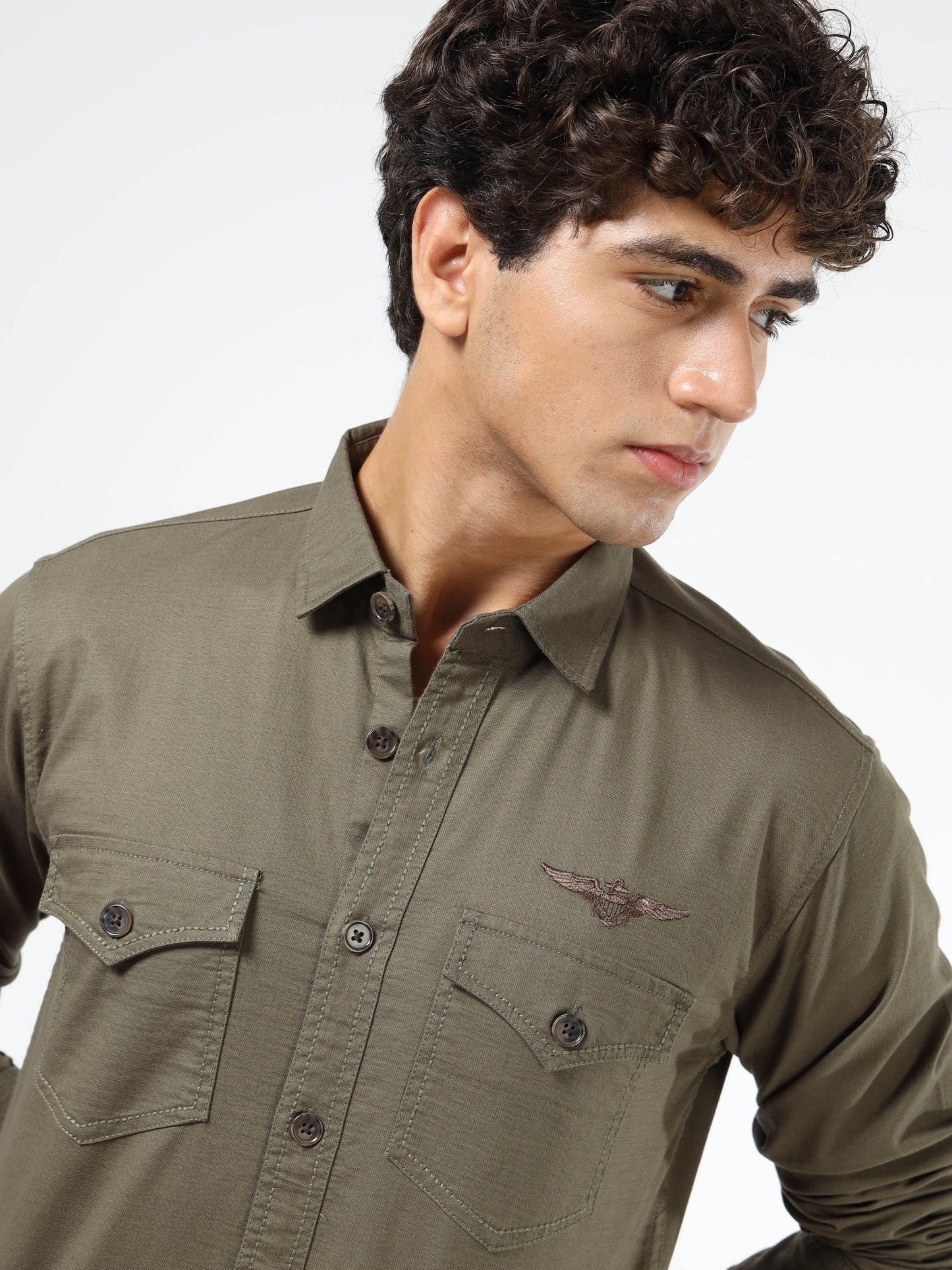 Men’s Olive Green Cotton Utility Casual Shirt with Dual Flap Pockets