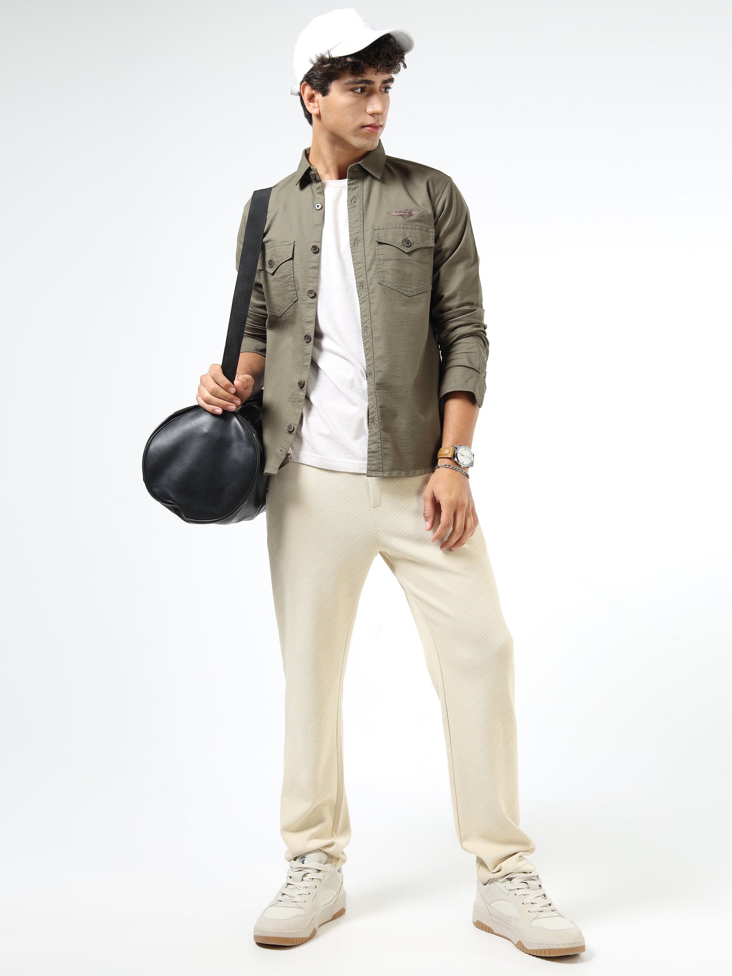 Men’s Olive Green Cotton Utility Casual Shirt with Dual Flap Pockets