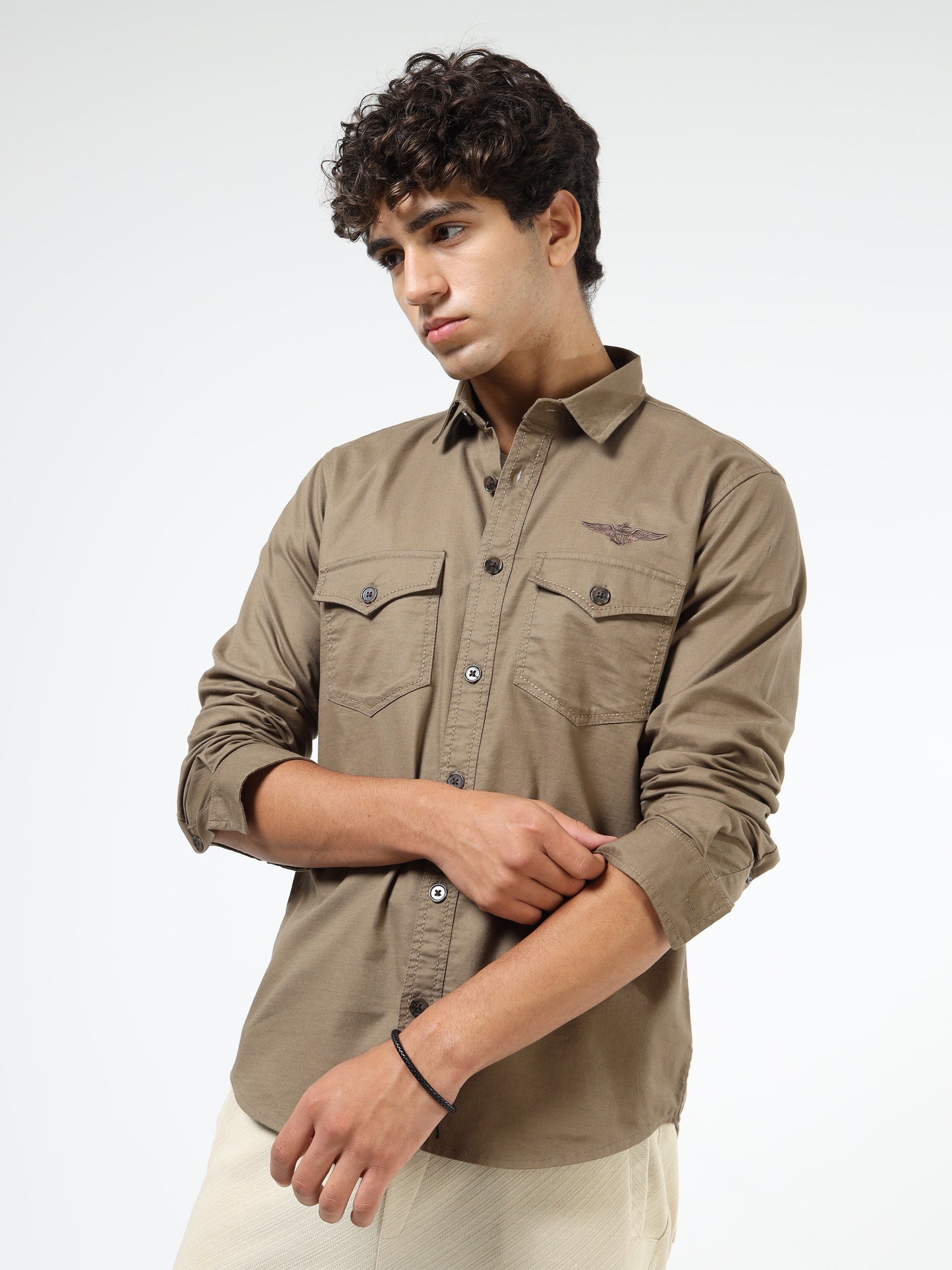 Men’s Brown Cotton Utility Casual Shirt with Dual Flap Pockets