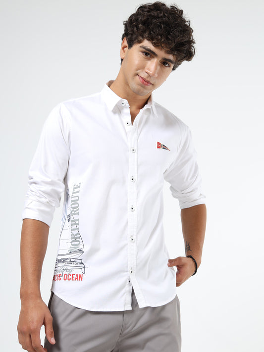 Men’s White Cotton Casual Shirt with Nautical Print Detailing