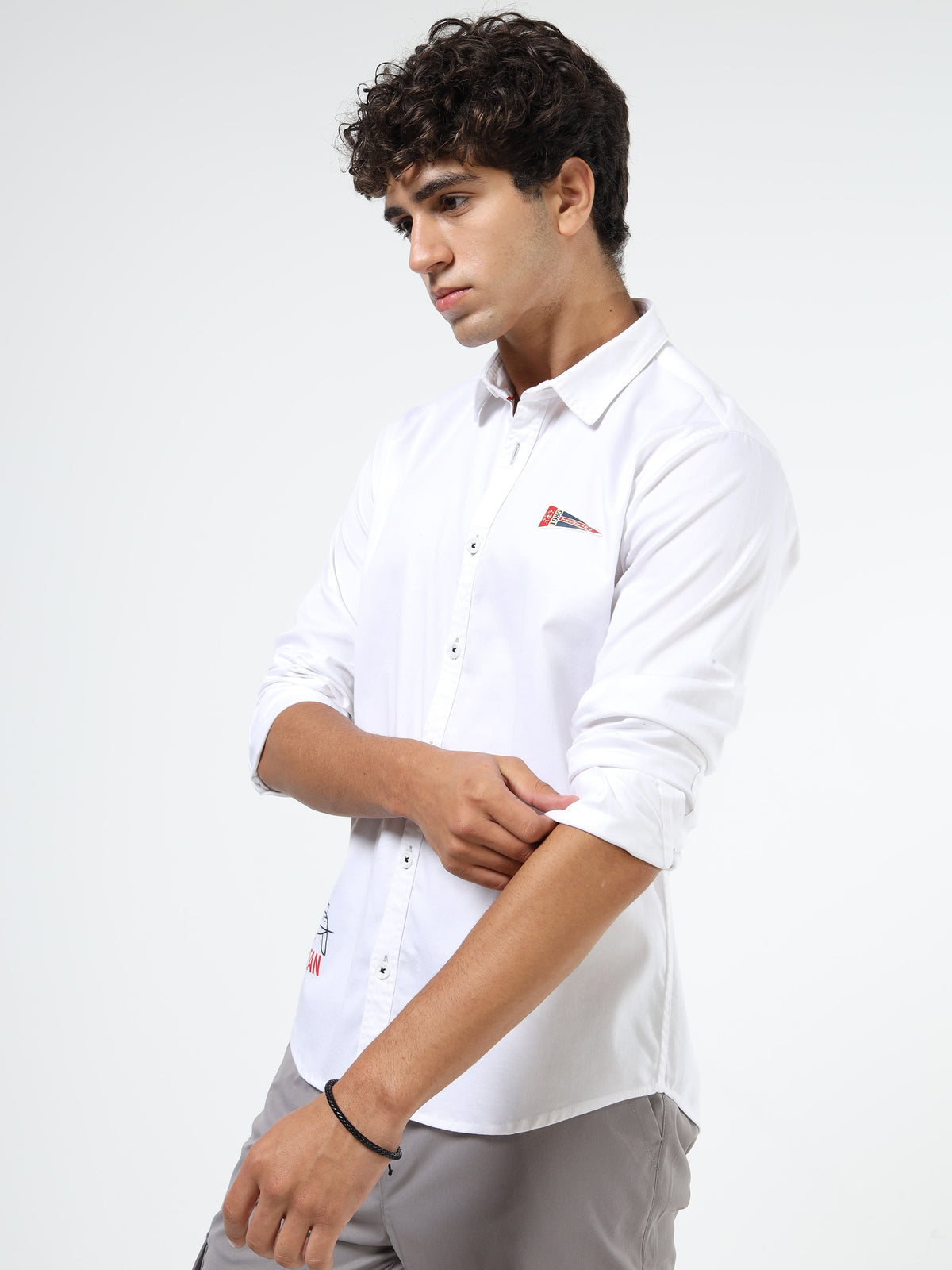 Men’s White Cotton Casual Shirt with Nautical Print Detailing