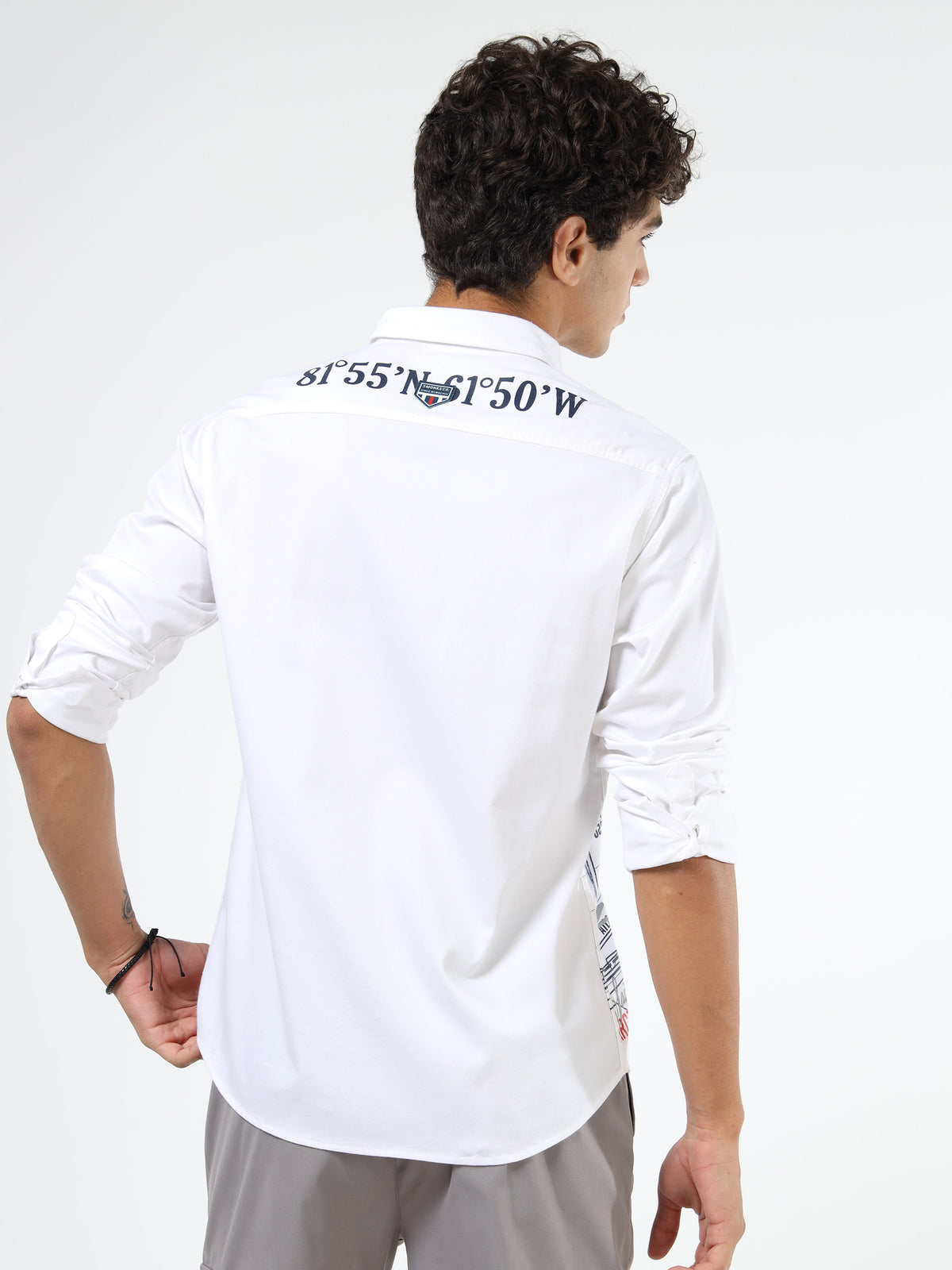 Men’s White Cotton Casual Shirt with Nautical Print Detailing