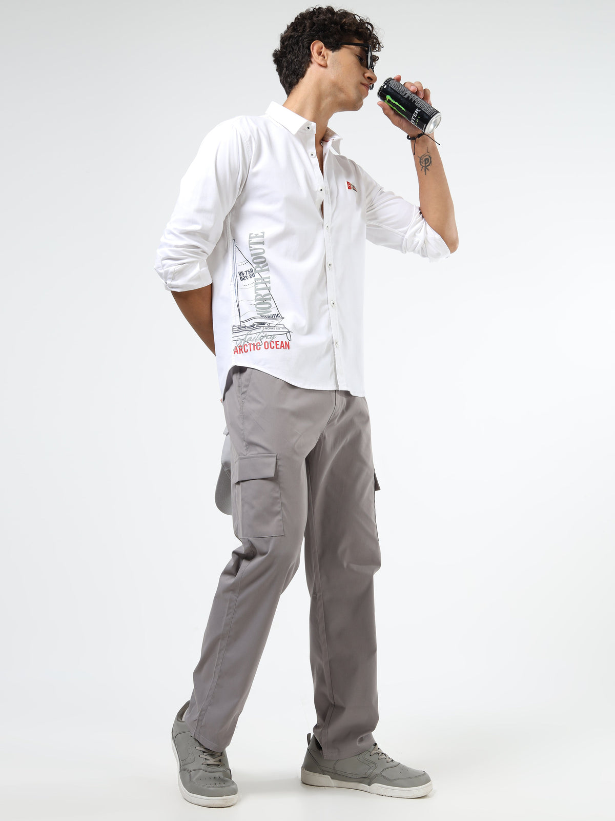 Men’s White Cotton Casual Shirt with Nautical Print Detailing
