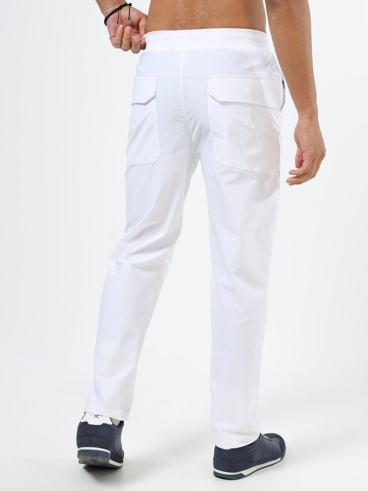 Men’s White Slim Fit Joggers with Adjustable Drawstring Waist & Zipper Pockets