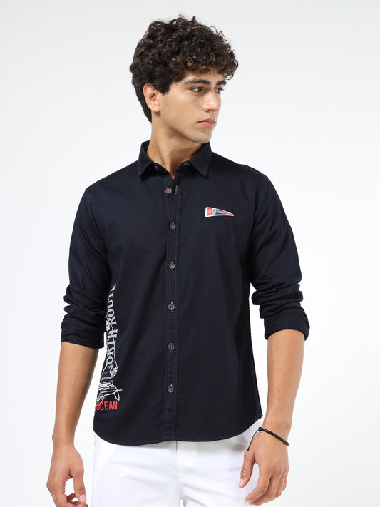 Men’s Black Cotton Casual Shirt with Nautical Print Detailing