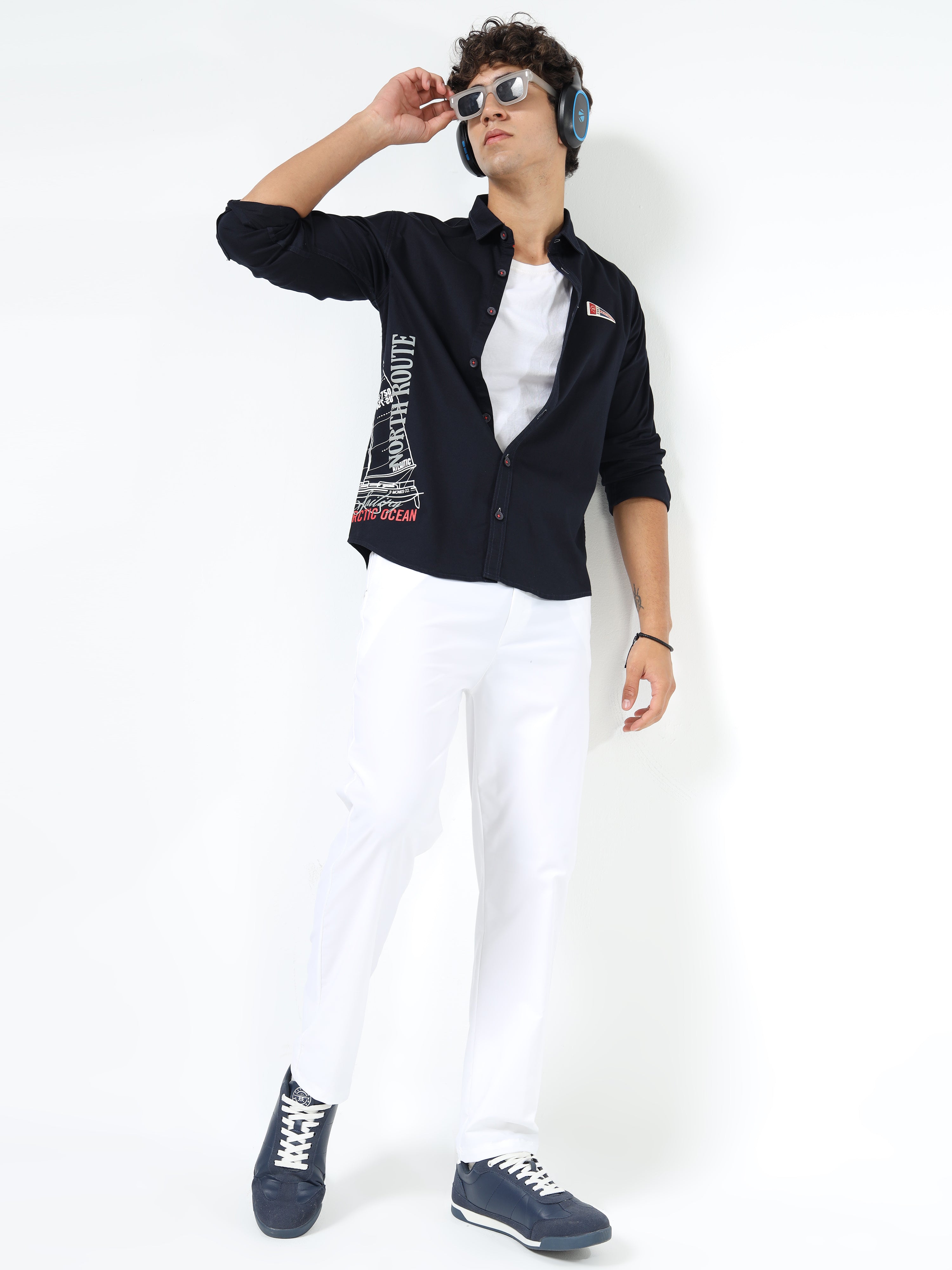 Men’s Black Cotton Casual Shirt with Nautical Print Detailing