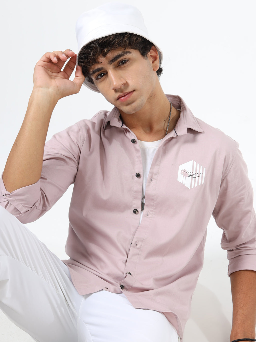Men’s Light Pink Cotton Casual Shirt with Geometric Print Detailing