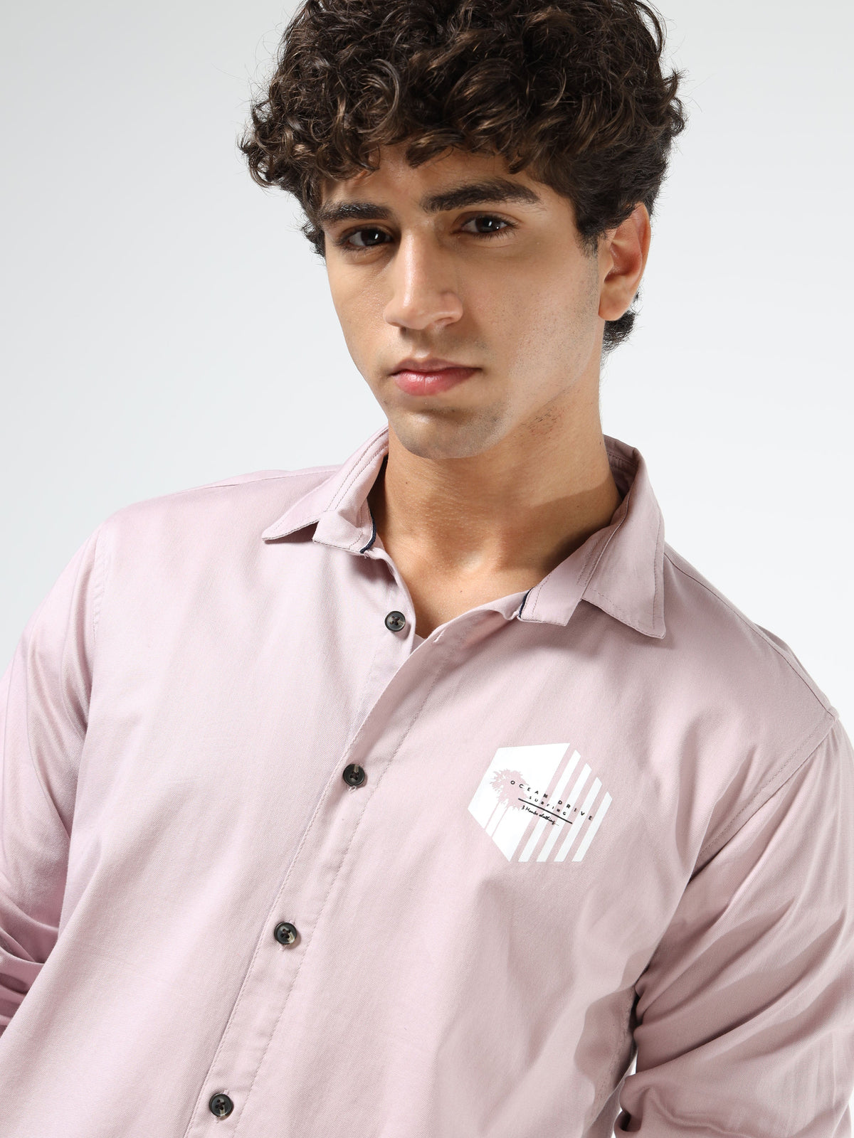 Men’s Light Pink Cotton Casual Shirt with Geometric Print Detailing