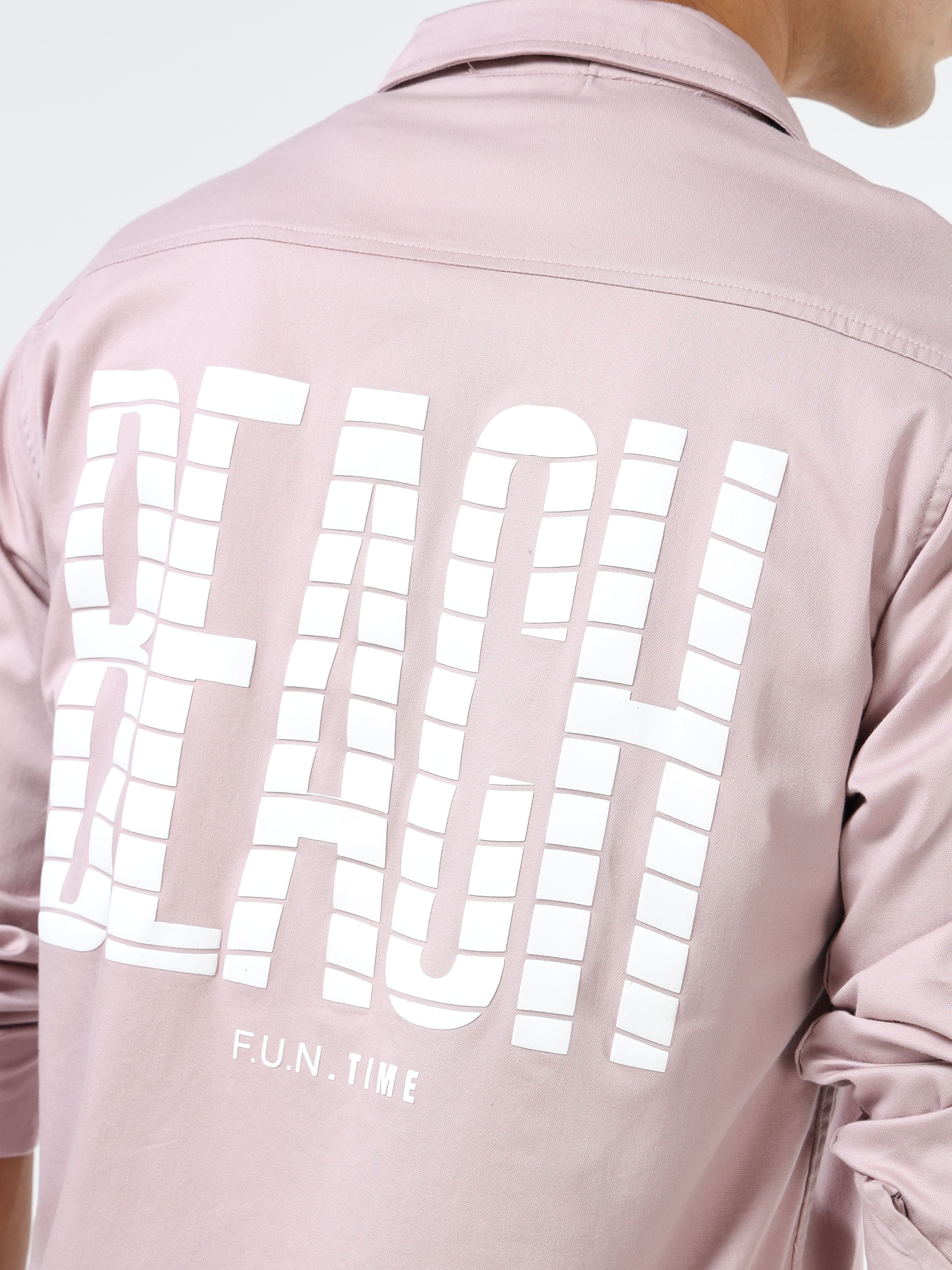 Men’s Light Pink Cotton Casual Shirt with Geometric Print Detailing