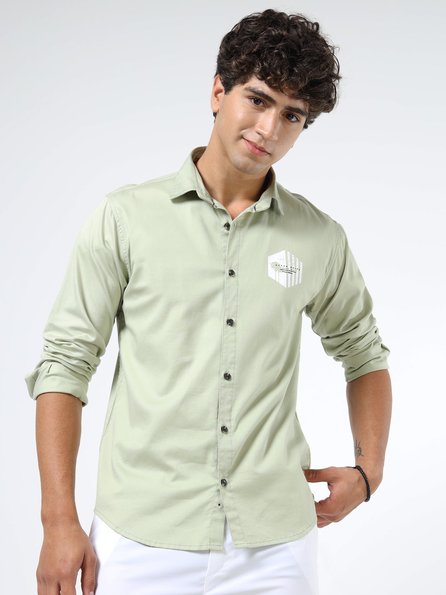 Men’s Light Green Cotton Casual Shirt with Geometric Print Detailing