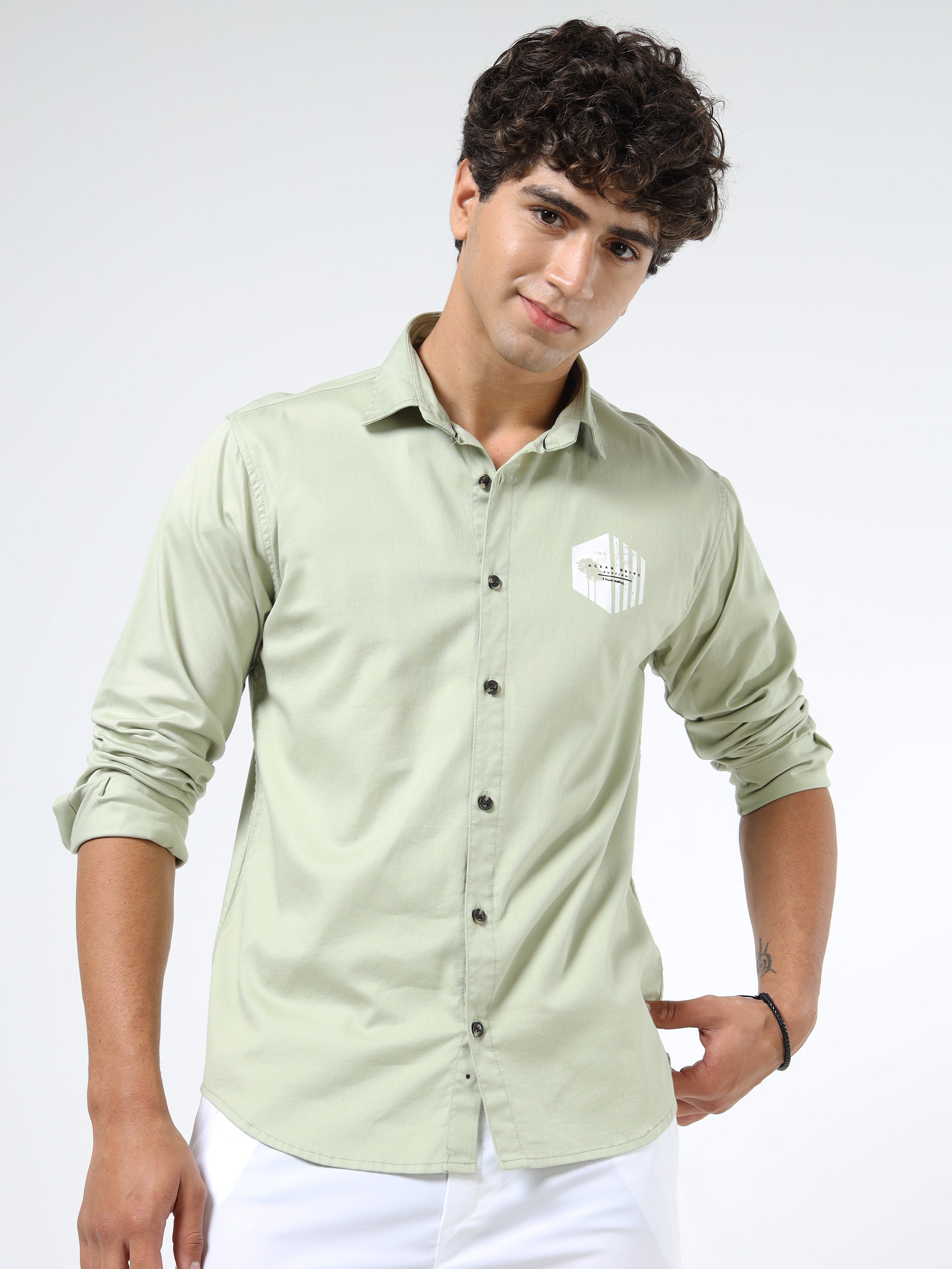 Men’s Light Green Cotton Casual Shirt with Geometric Print Detailing