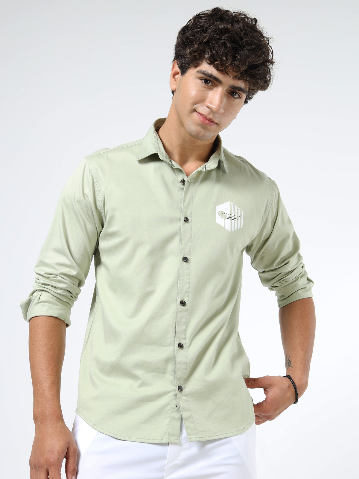 Men’s Light Green Cotton Casual Shirt with Geometric Print Detailing