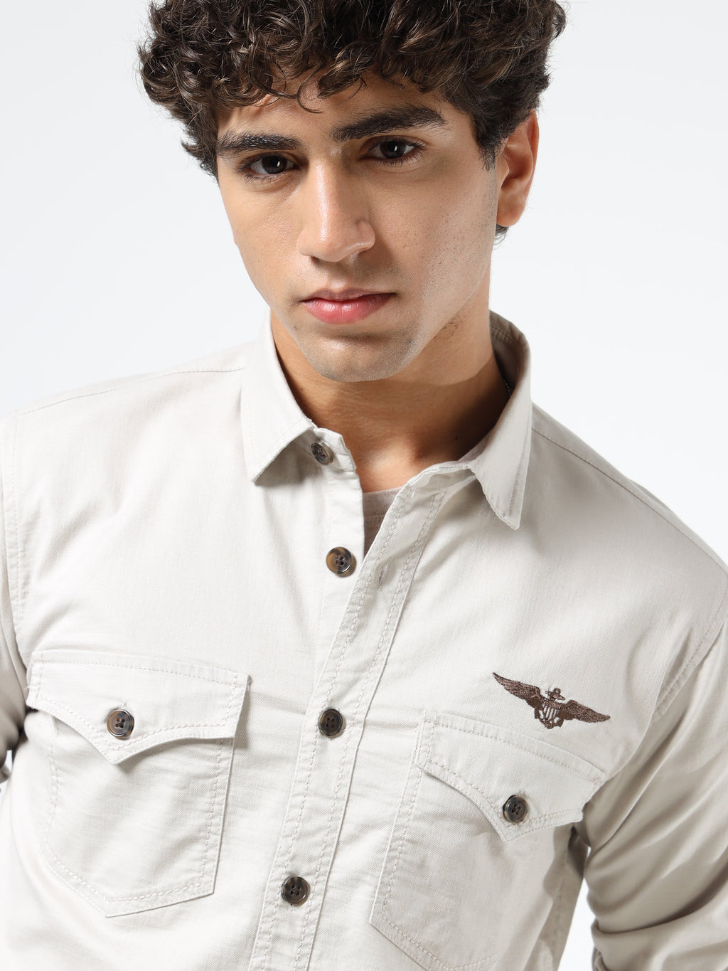 Men’s Beige Cotton Utility Casual Shirt with Dual Flap Pockets