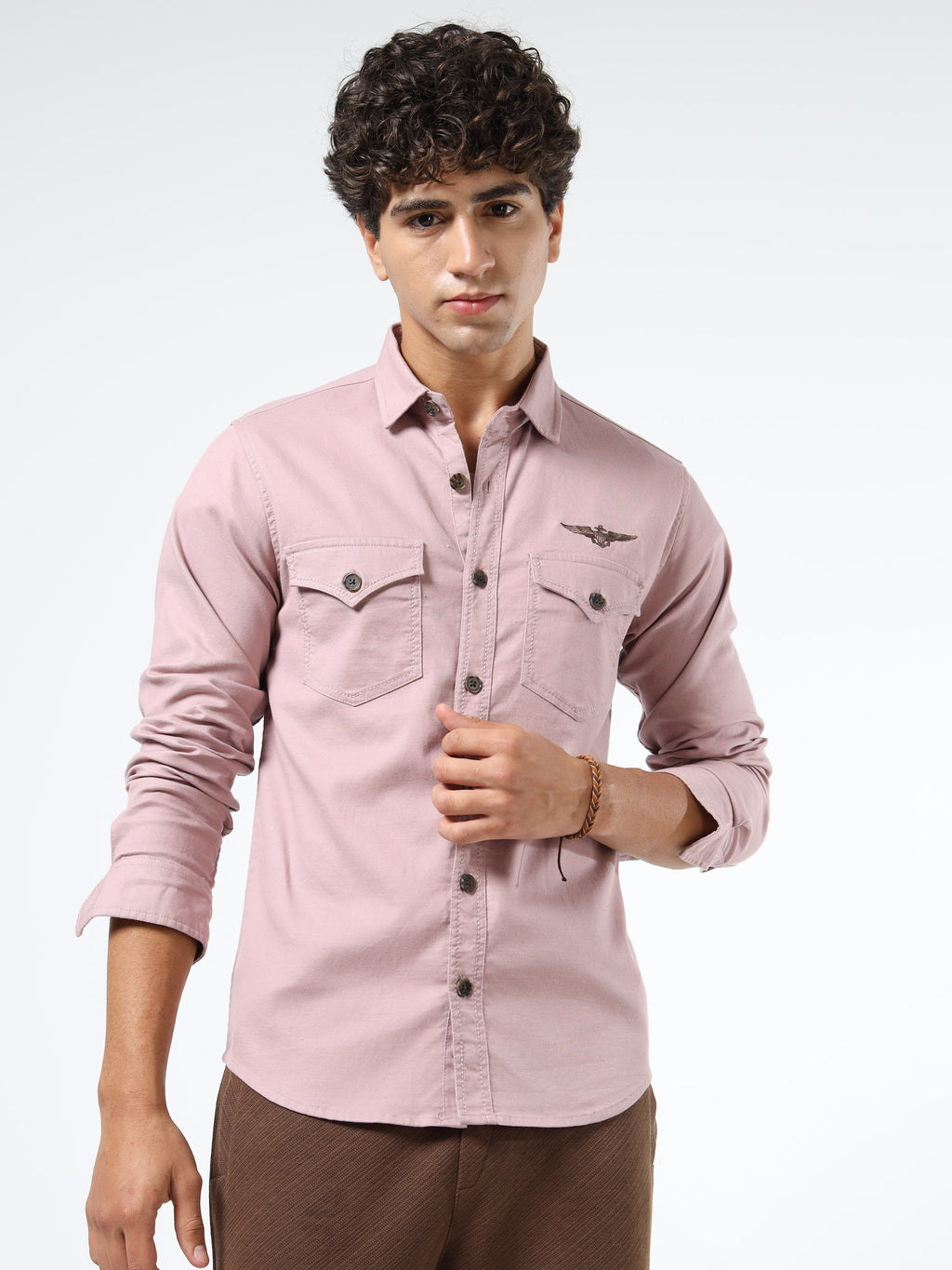 Men’s Light Pink Cotton Utility Casual Shirt with Dual Flap Pockets
