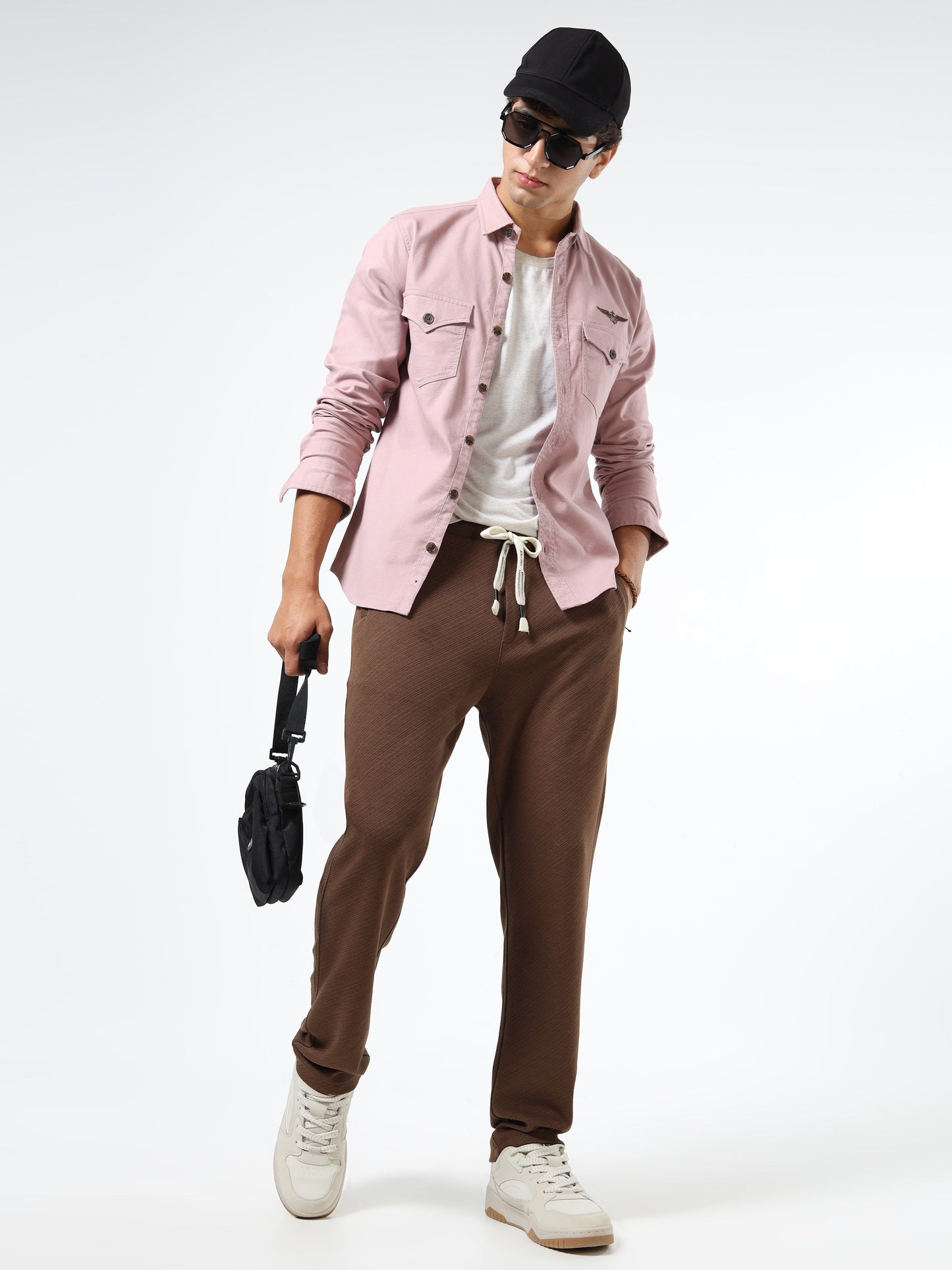 Men’s Light Pink Cotton Utility Casual Shirt with Dual Flap Pockets