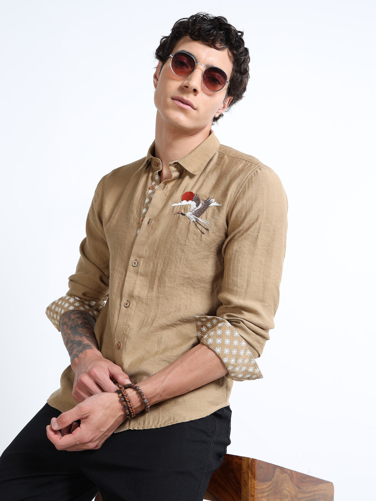 Men’s Beige Textured Cotton Casual Shirt with Crane Embroidery & Contrast Detailing