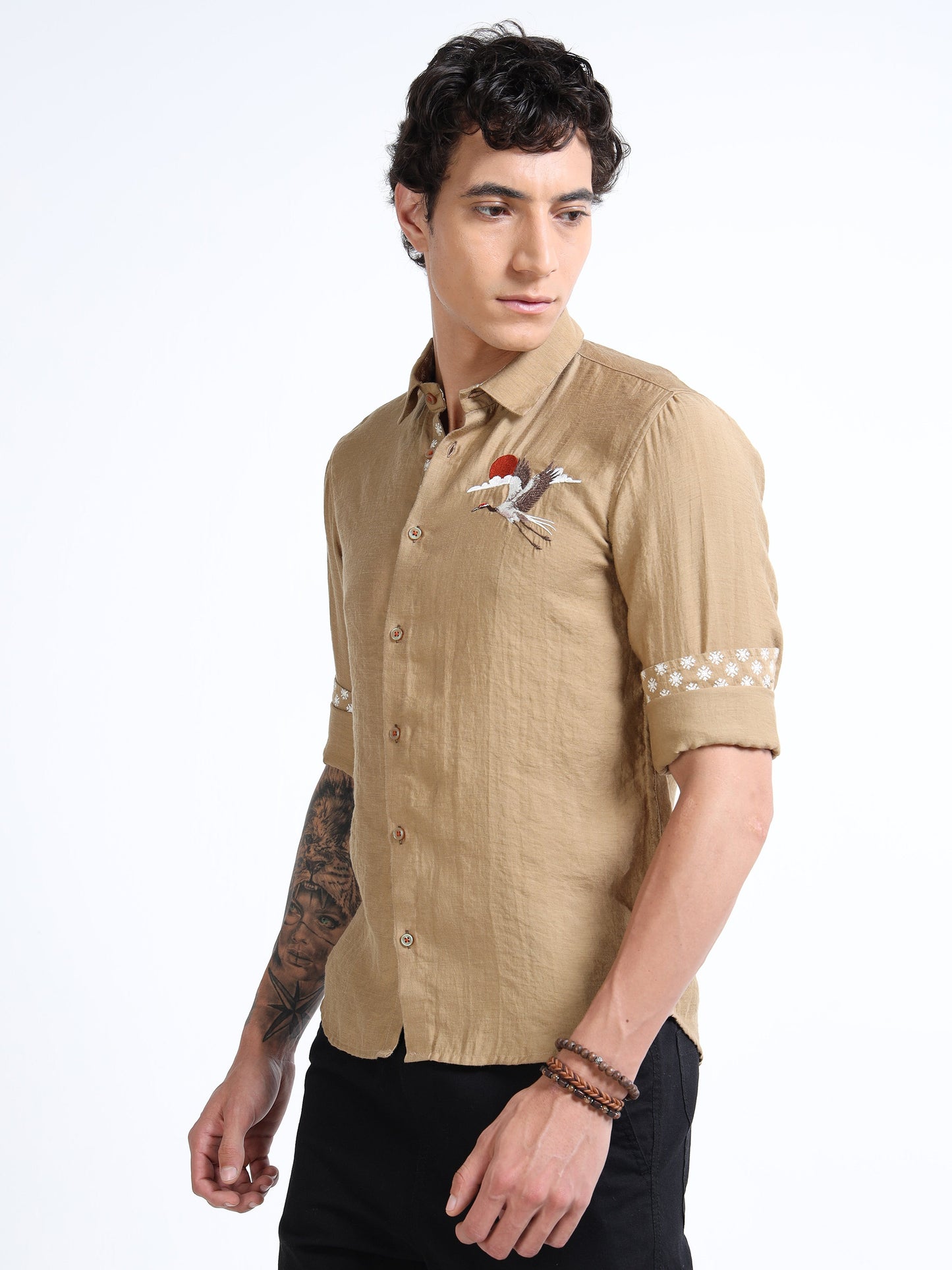 Men’s Beige Textured Cotton Casual Shirt with Crane Embroidery & Contrast Detailing