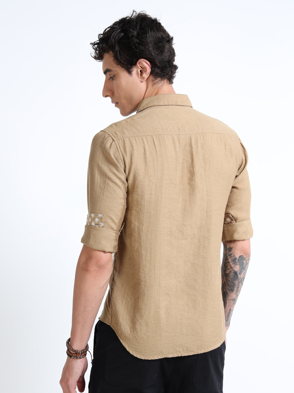 Men’s Beige Textured Cotton Casual Shirt with Crane Embroidery & Contrast Detailing