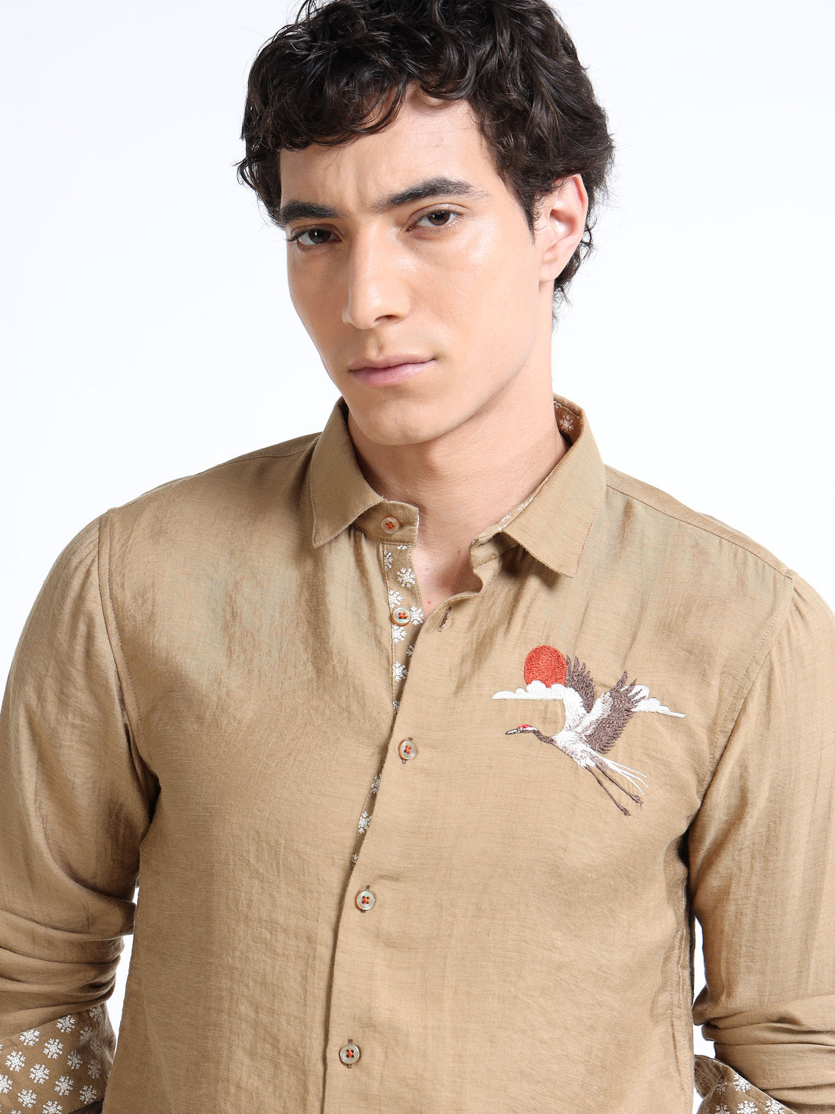 Men’s Beige Textured Cotton Casual Shirt with Crane Embroidery & Contrast Detailing