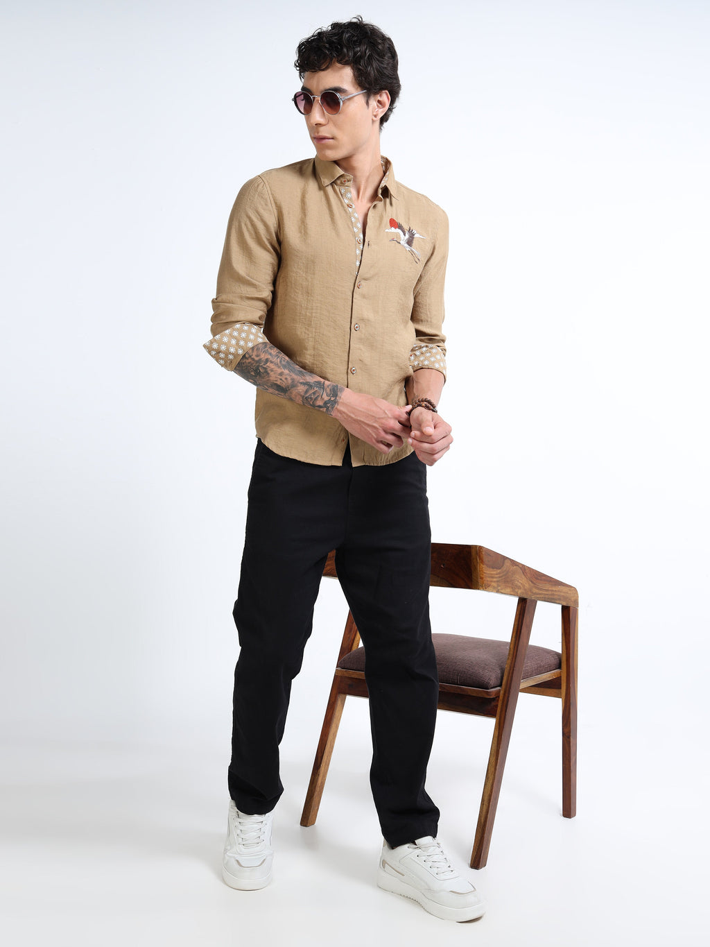 Men’s Beige Textured Cotton Casual Shirt with Crane Embroidery & Contrast Detailing
