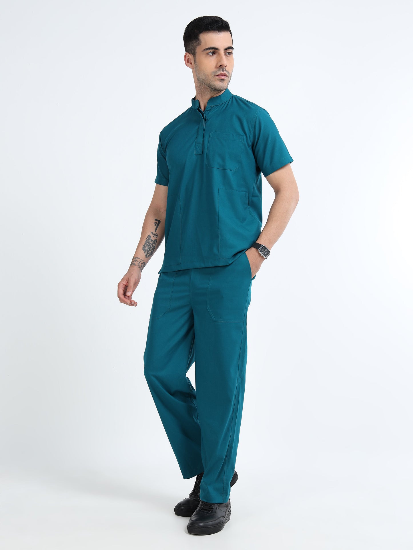 Men’s Emerald Green Medical Scrub Set – Mandarin Collar (Chinese Collar) Top & Straight Pants | Wrinkle-Resistant – Eco Flex