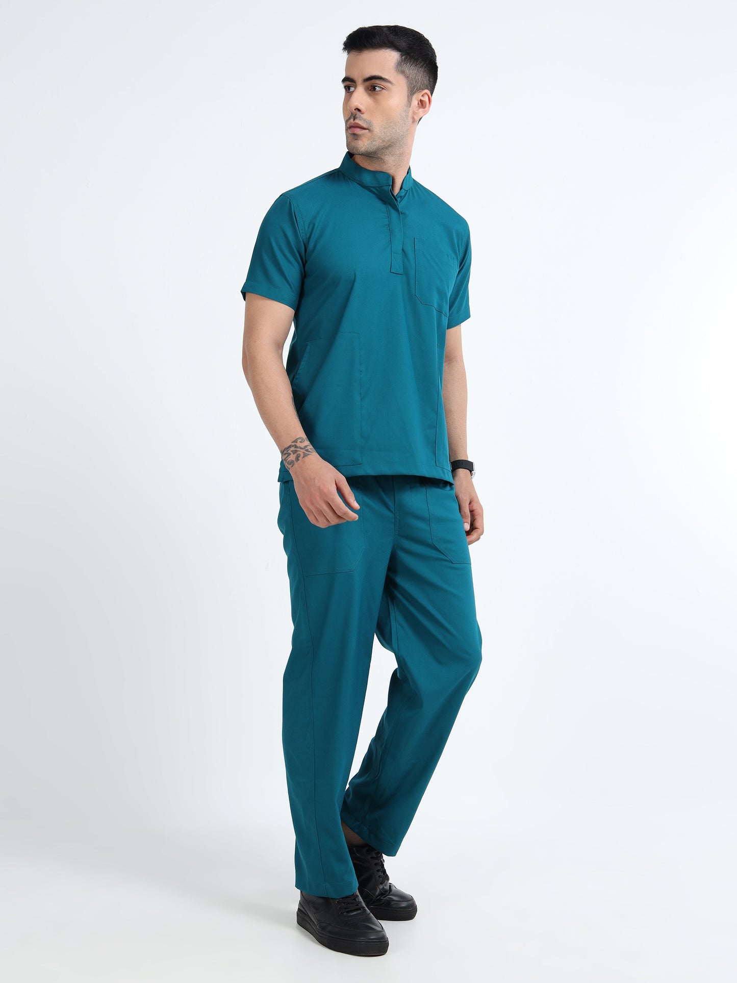 Men’s Emerald Green Medical Scrub Set – Mandarin Collar (Chinese Collar) Top & Straight Pants | Wrinkle-Resistant – Eco Flex