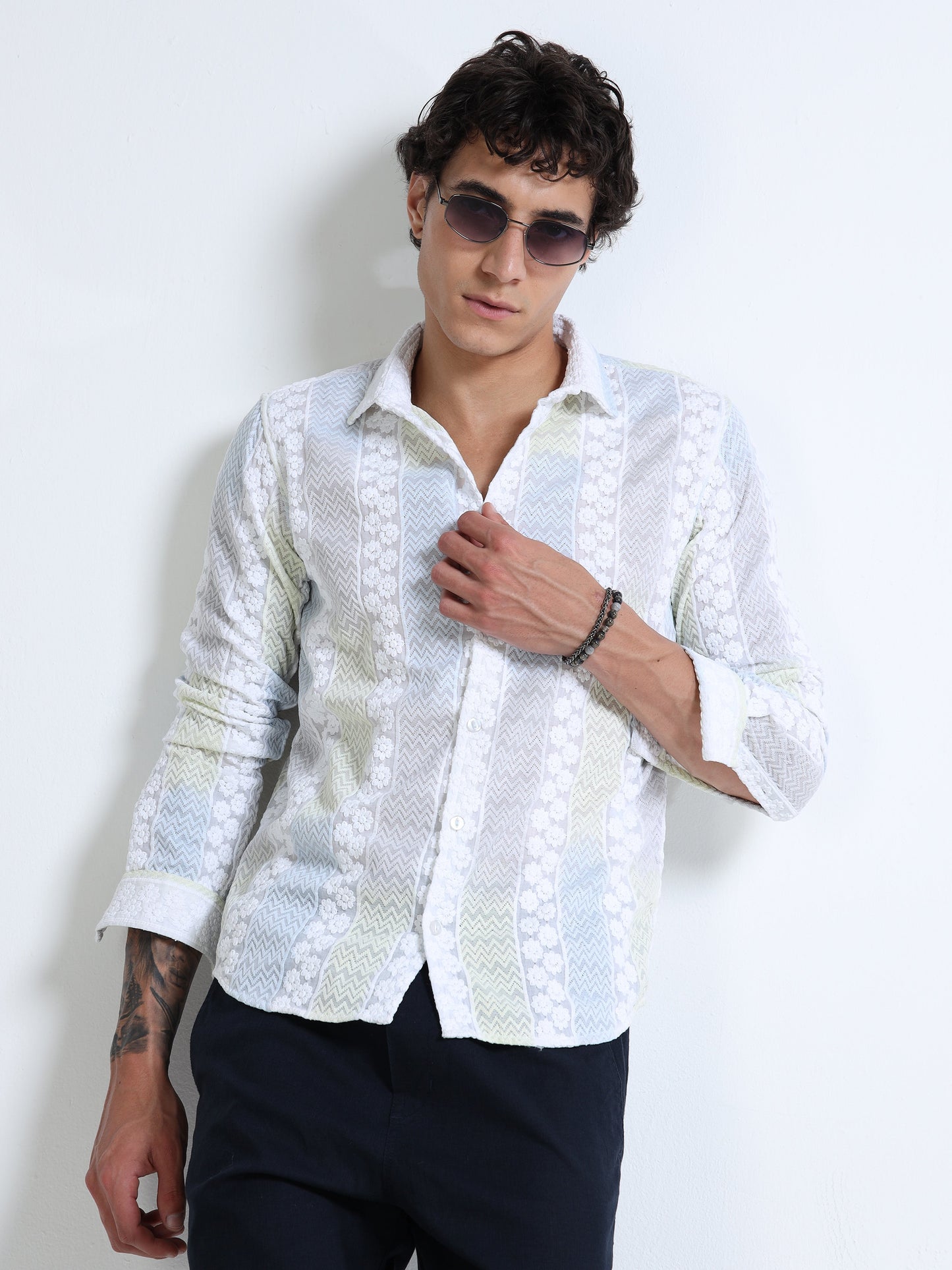 Men’s White Textured Cotton Casual Shirt with Multicolor Striped Embroidery
