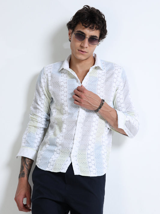 Men’s White Textured Cotton Casual Shirt with Multicolor Striped Embroidery