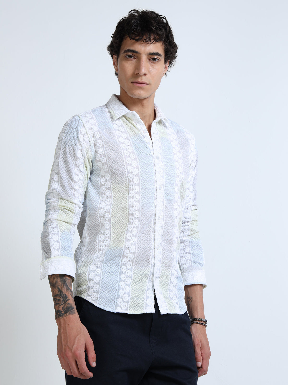 Men’s White Textured Cotton Casual Shirt with Multicolor Striped Embroidery