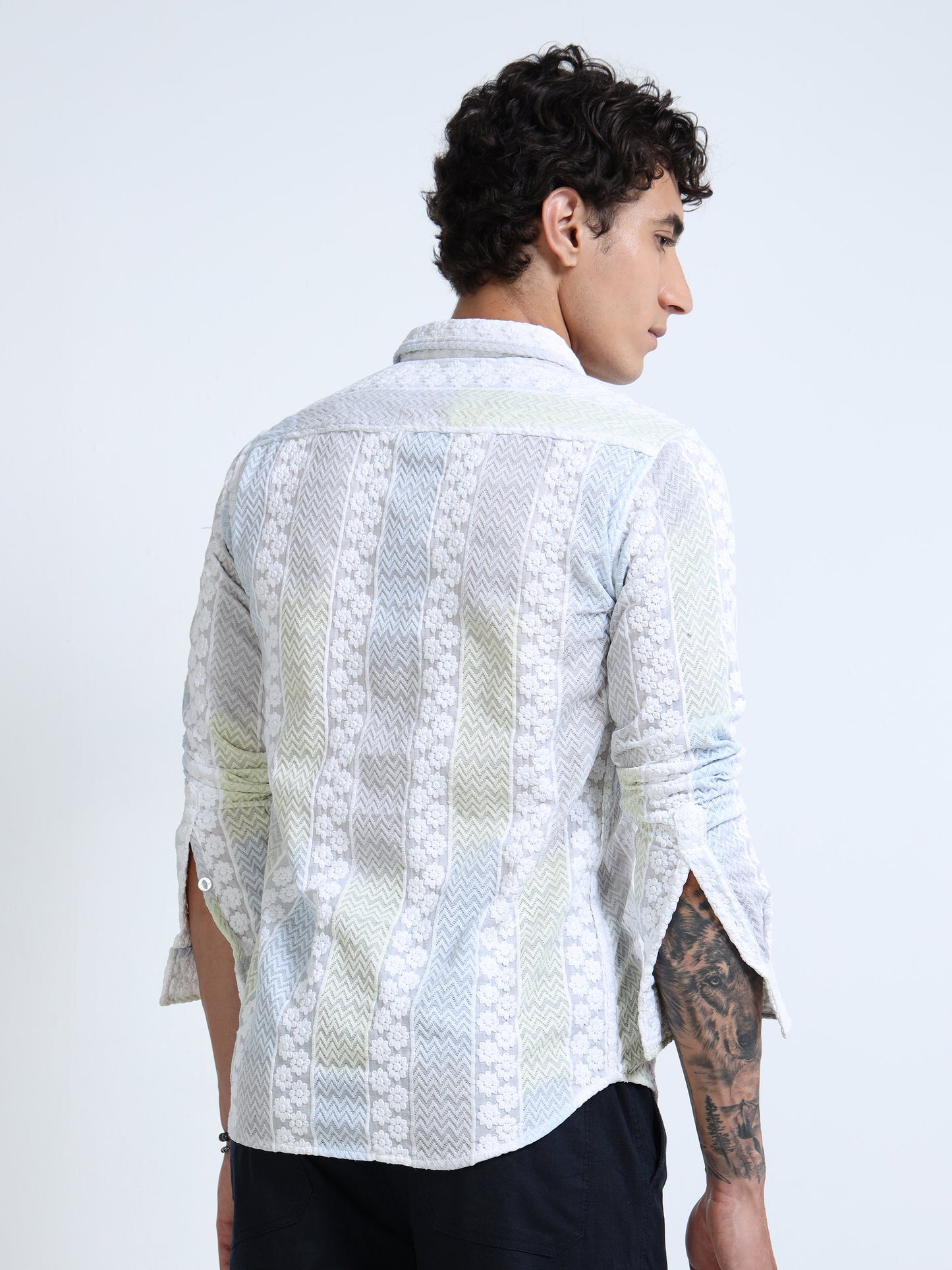 Men’s White Textured Cotton Casual Shirt with Multicolor Striped Embroidery