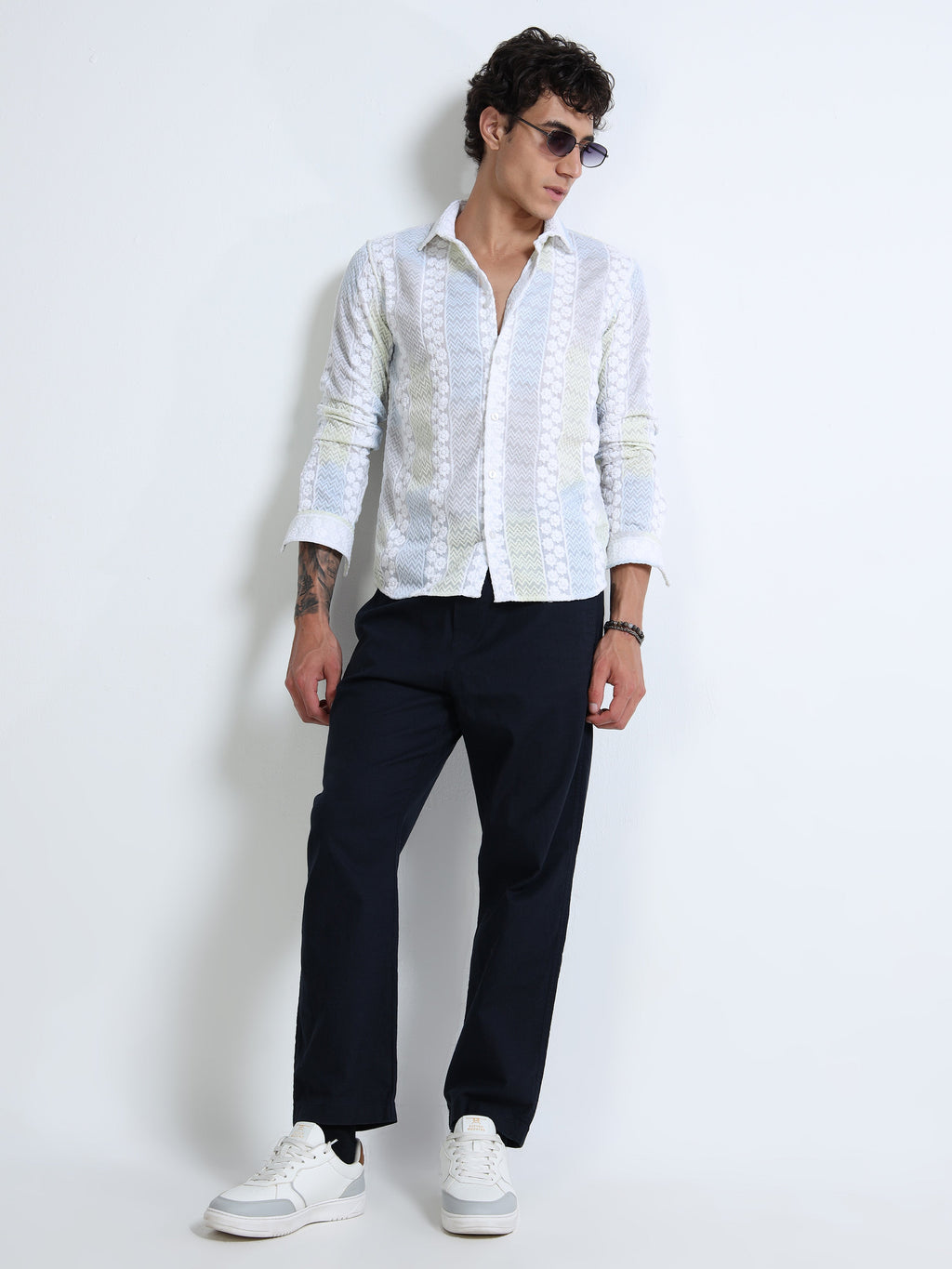 Men’s White Textured Cotton Casual Shirt with Multicolor Striped Embroidery